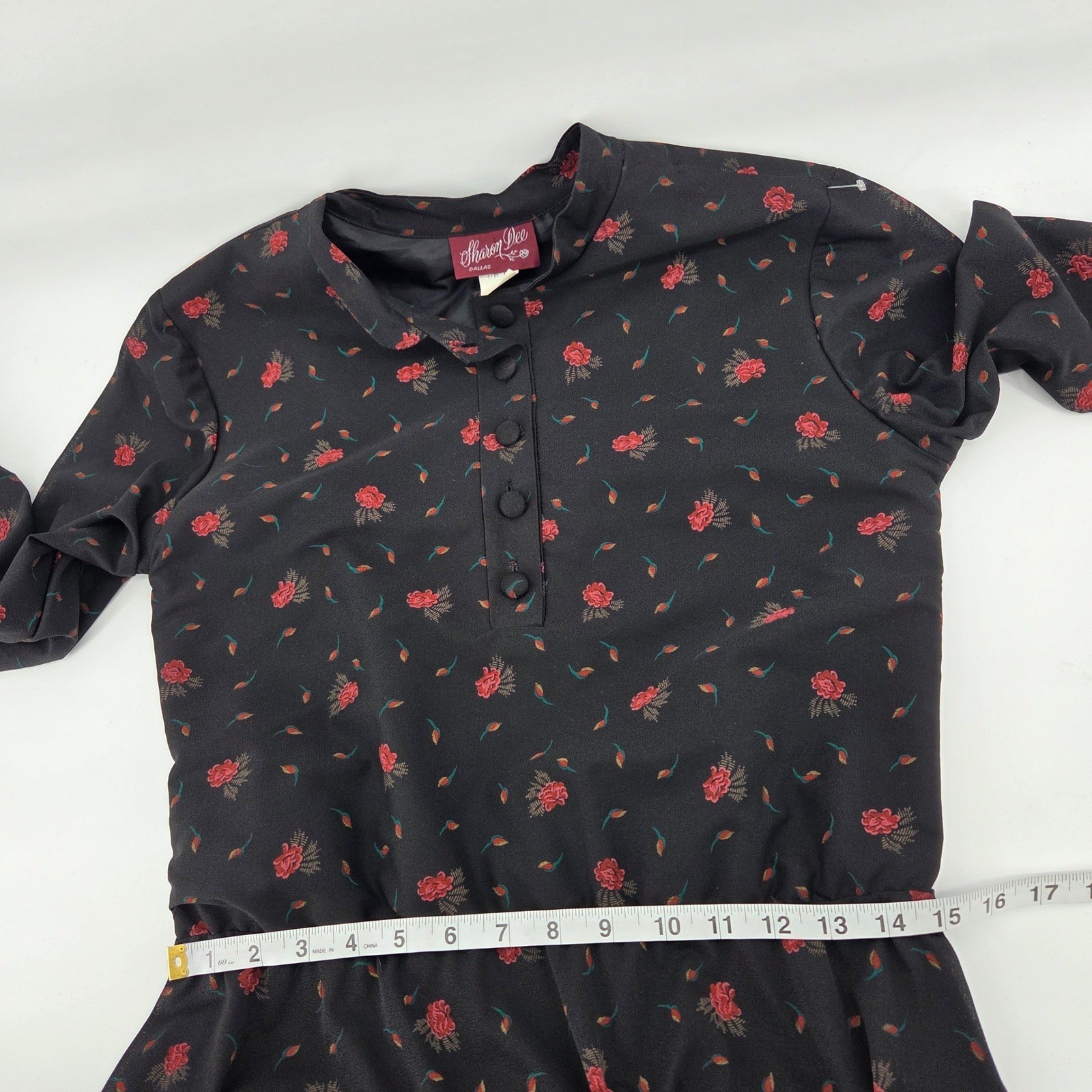 Sharon Dee Vintage Floral Midi Dress Medium Black Red Rose Goth Dark Romantic