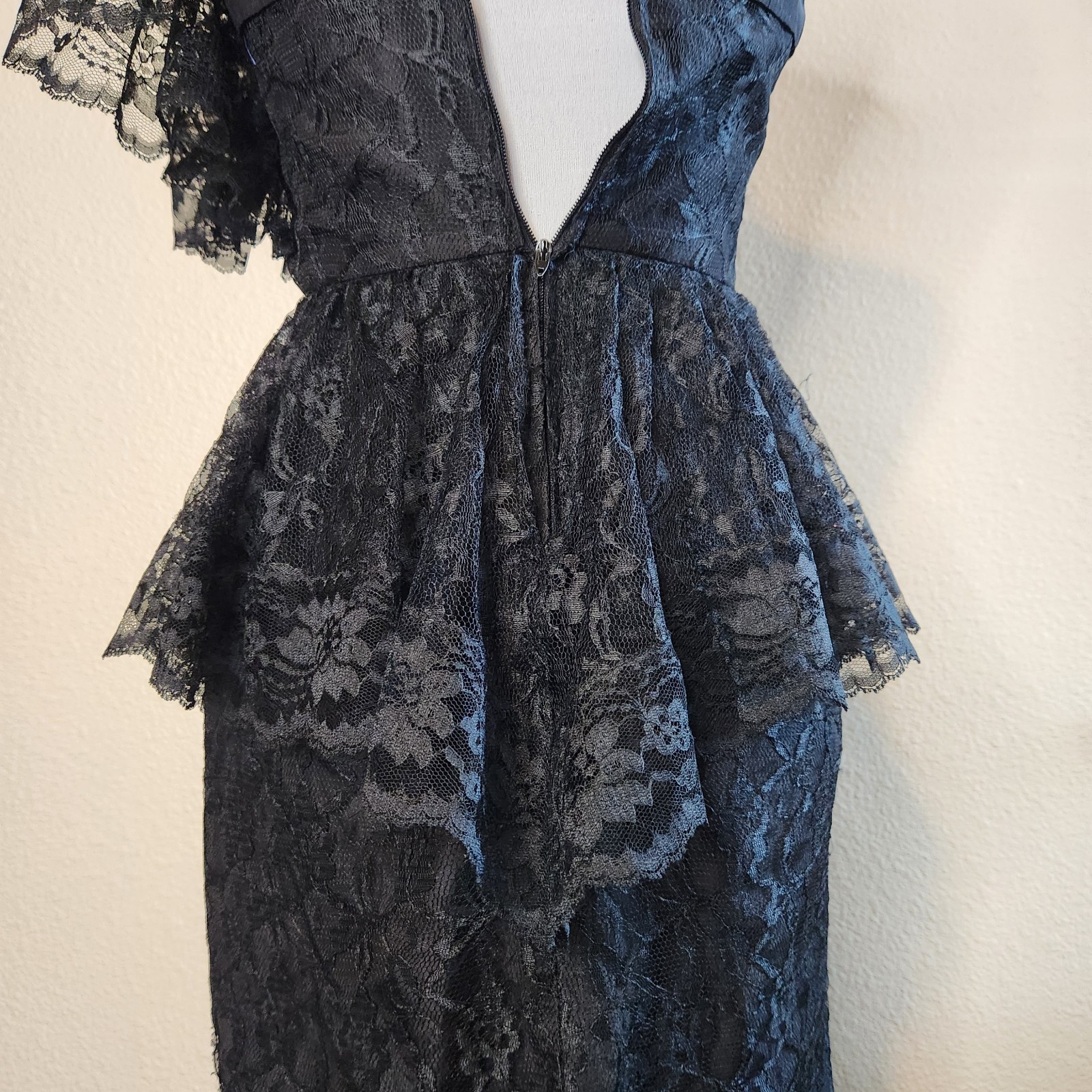 Vtg Black Lace One Shoulder Cocktail Dress 80s Peplum Climax For David Howard
