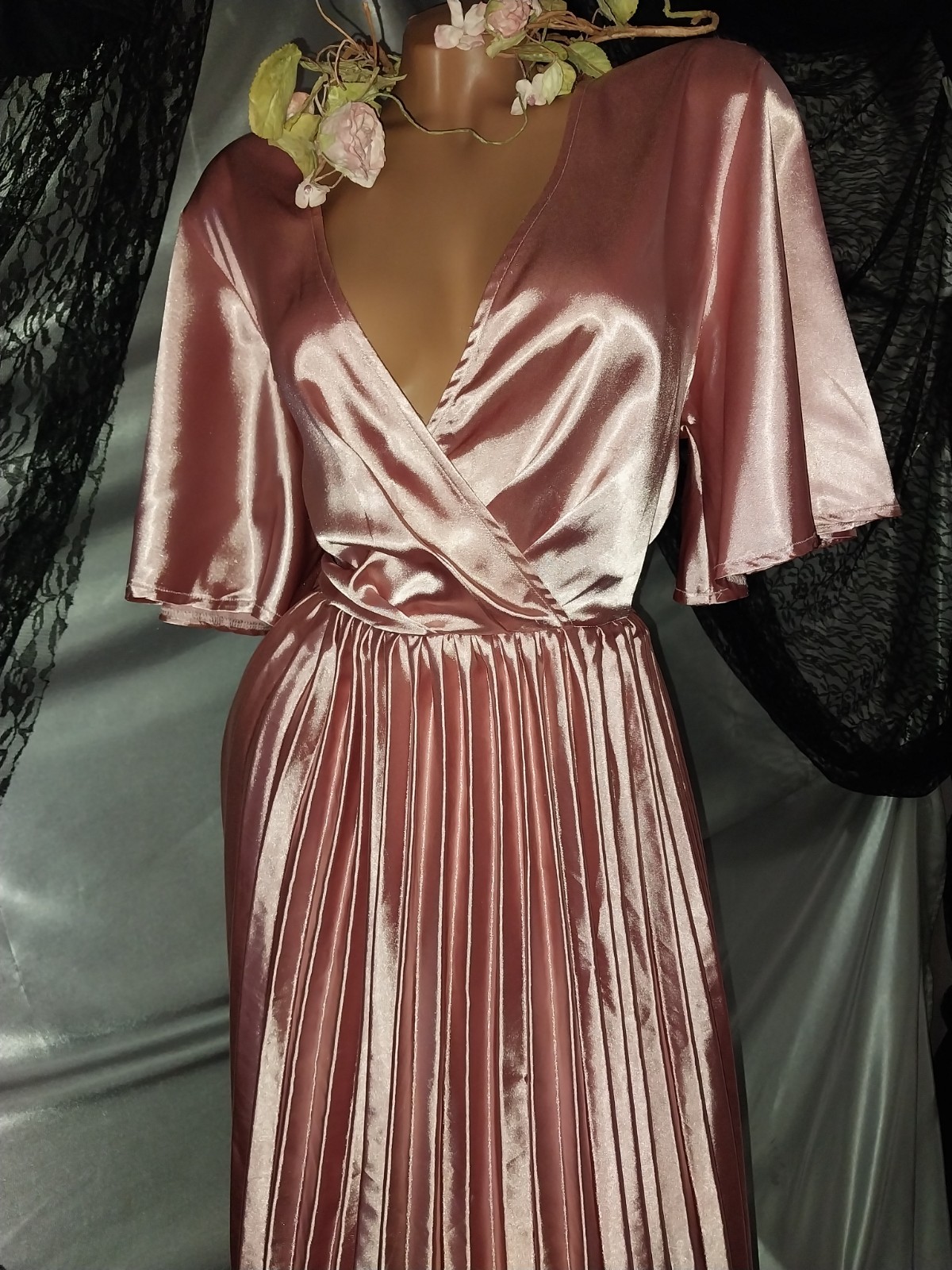 VTG SATIN LIQUID SHINY PINK CRYSTAL PLEAT MIDI GLAM DRESS L/XL PLUNGE HOLLYWOOD