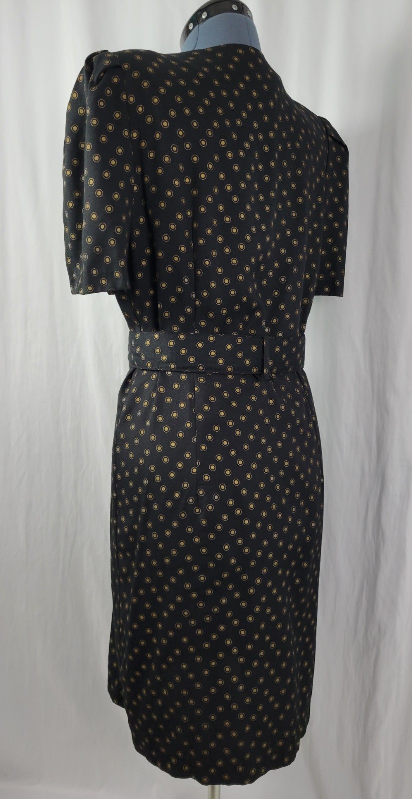 Vtg Whirlaway Frocks Black Sheath Dress w Gold Pattern, Belt & Dickey Size 14