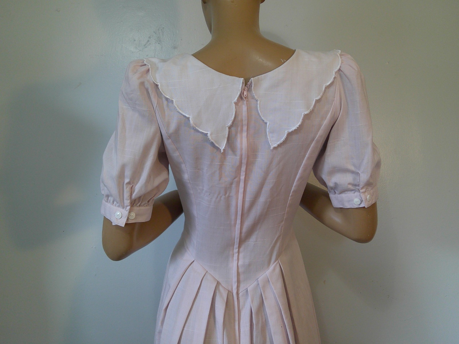 Vtg 80’s Garden Party Modest Style Pink Drop Waist Puff Slv Lace Collar Dress 8