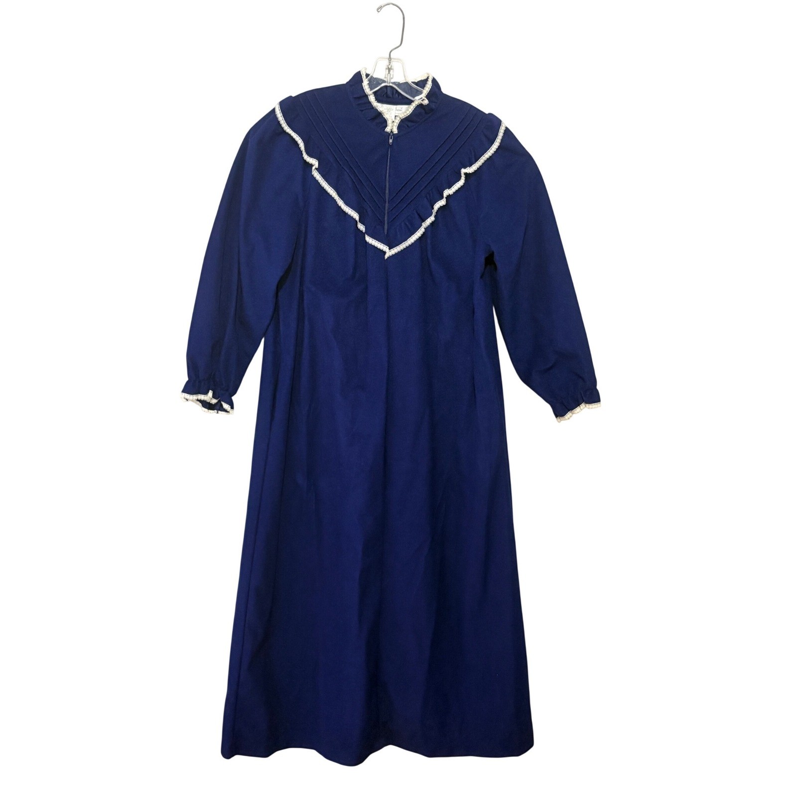 Famous Bodies Vintage Navy Blue Lace Trim Fleece Robe Nightgown L/XL 16-18 USA