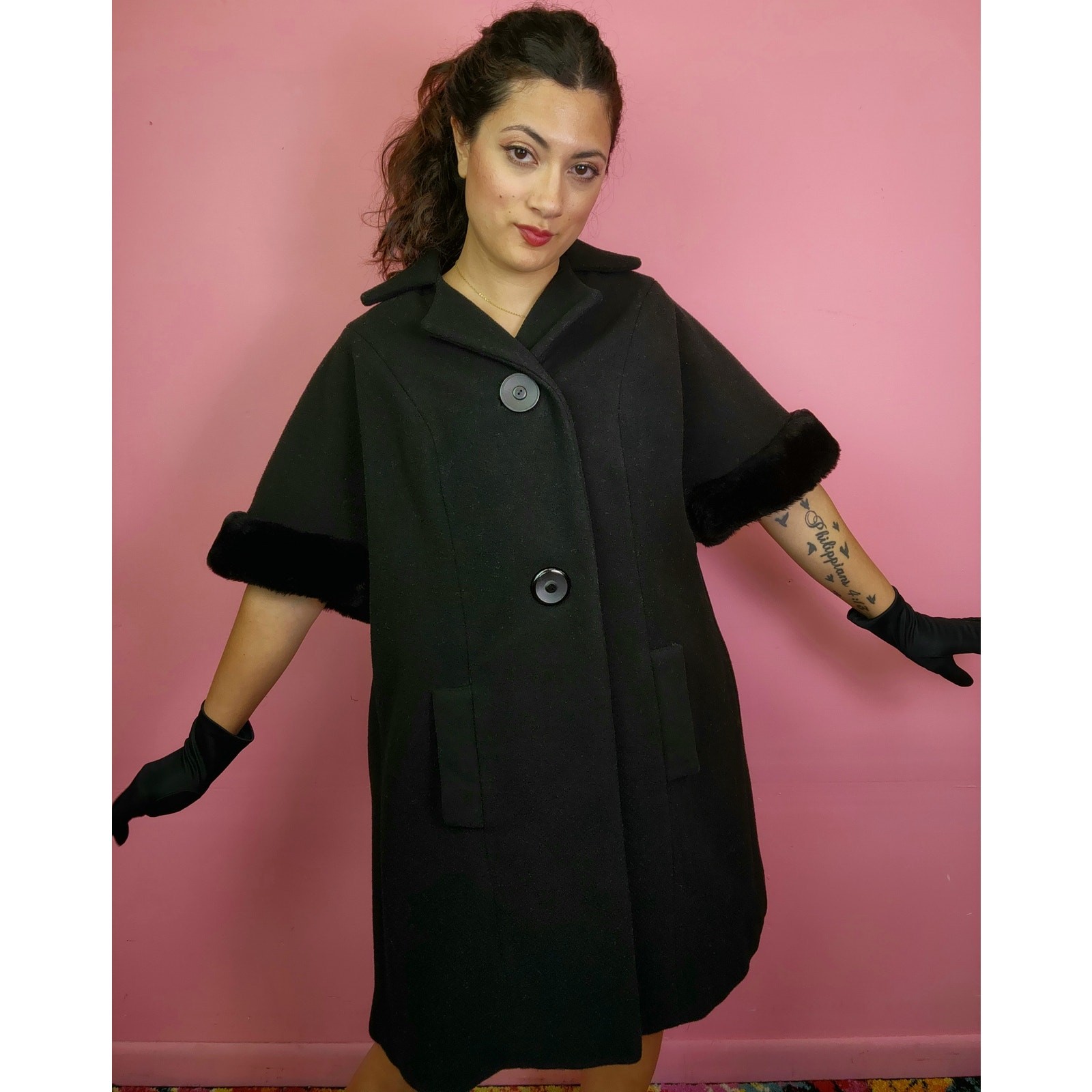 Vintage 1950’s to 1960’s Black Wool and Faux Fur Swing Coat Half Sleeve