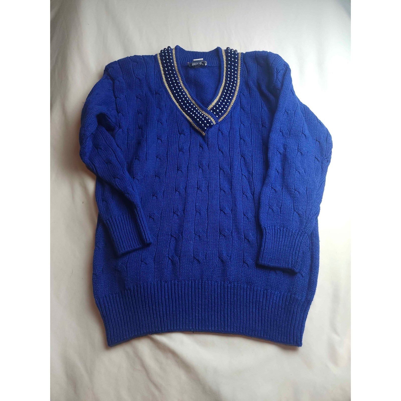 Eminent Vintage Royal Blue Cable Knit Pearl Beaded V-Neck Sweater Small Womens