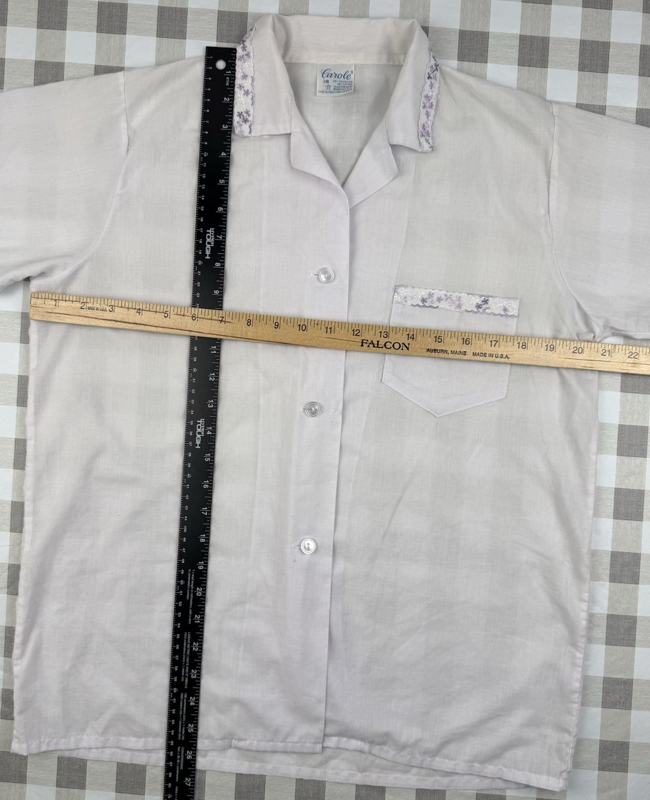 Vintage White Button Up Blouse Lavender Trim Cottagecore USA 36