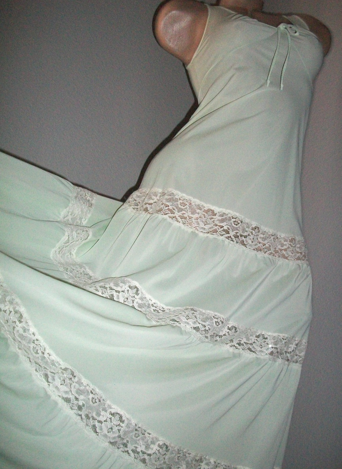 Vtg Fair Mint Lace Long Nylon Nightgown Bust 32