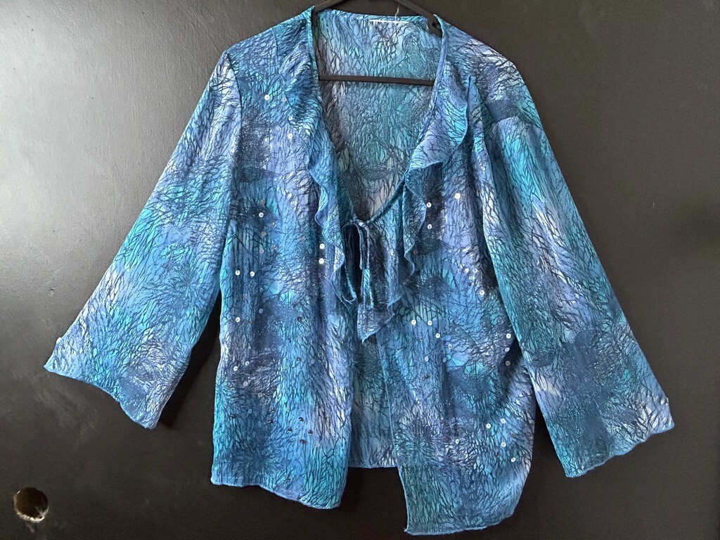 Vintage y2k Ladies Sheer Blue Cascade Ruffle Blouse Sequin Summer Hippie AU 12