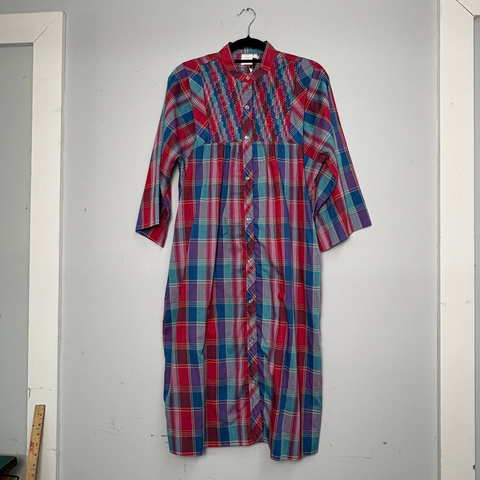 Vintage Models Coat Plaid House Dress Red Blue Pintuck Button Front Size 14