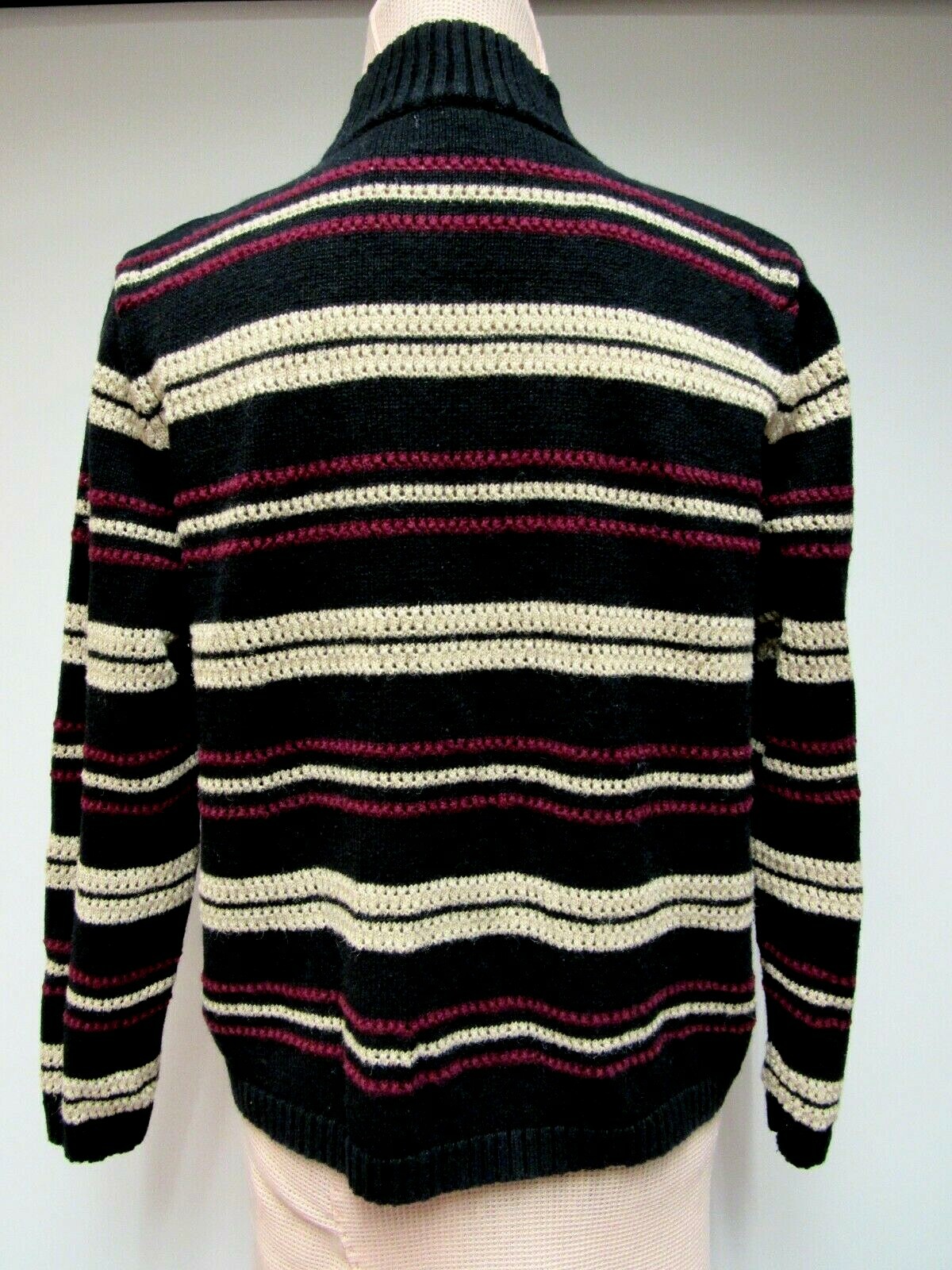 VTG Maroon Cotton Blend Open Knit Sweater Top Mock Turtleneck Black Beige M EUC