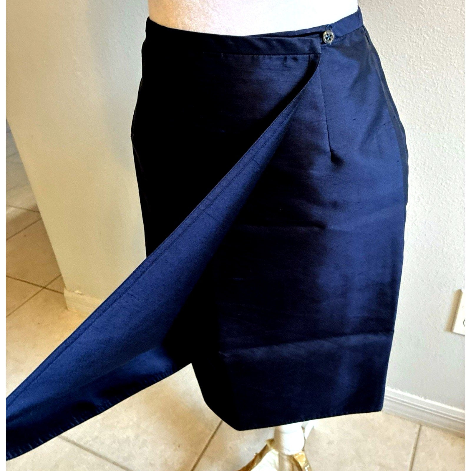Vtg 90s Ralph Lauren Navy 100% Silk Dupioni Wrap Skirt USA UNITE Slubbed Silk 6