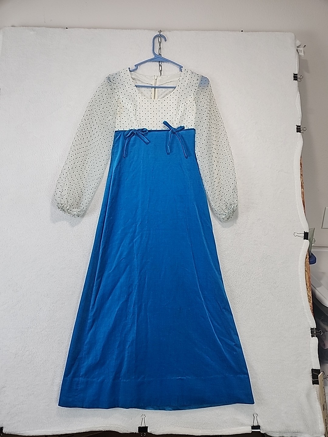 Vtg 60s 70s Empire Waist Maxi Dress Homemade Sheer Sleeve Aqua Blue Velvet