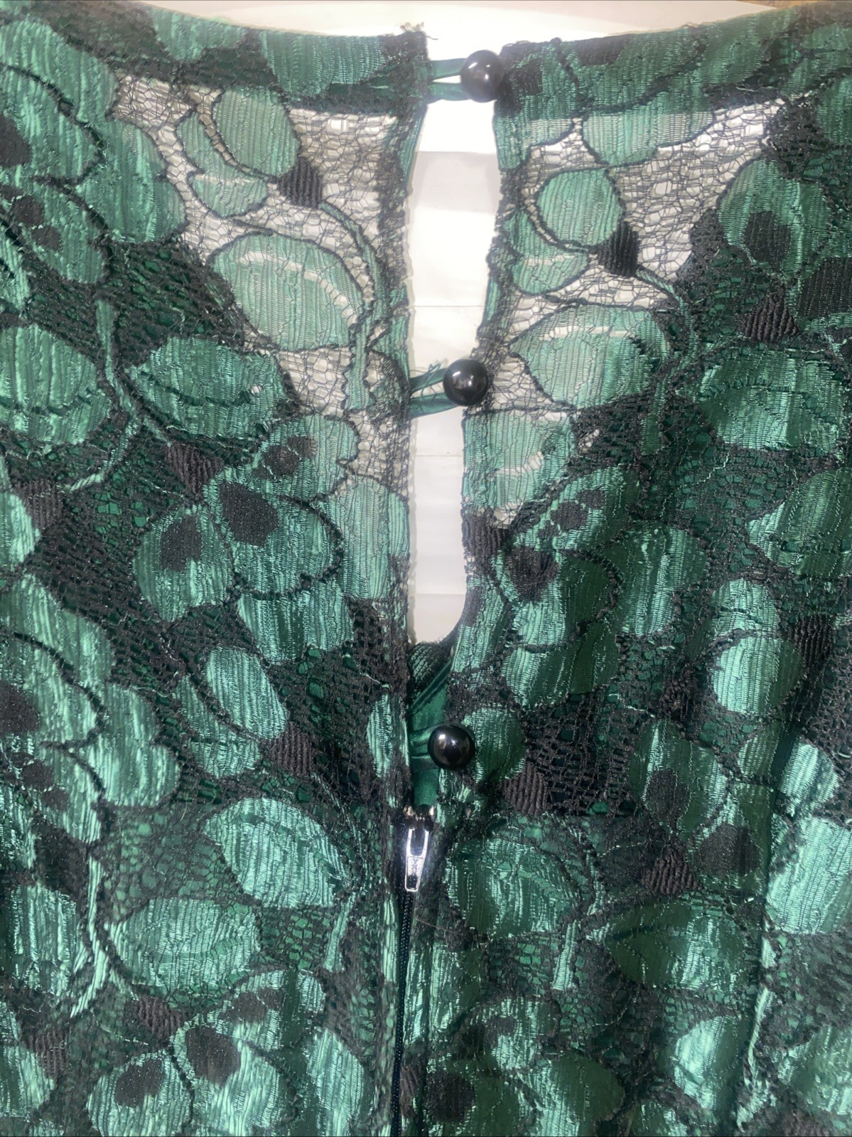 80s Atina Karon Crosby Green Taffeta Black Lace Cocktail Formal Dress Medium