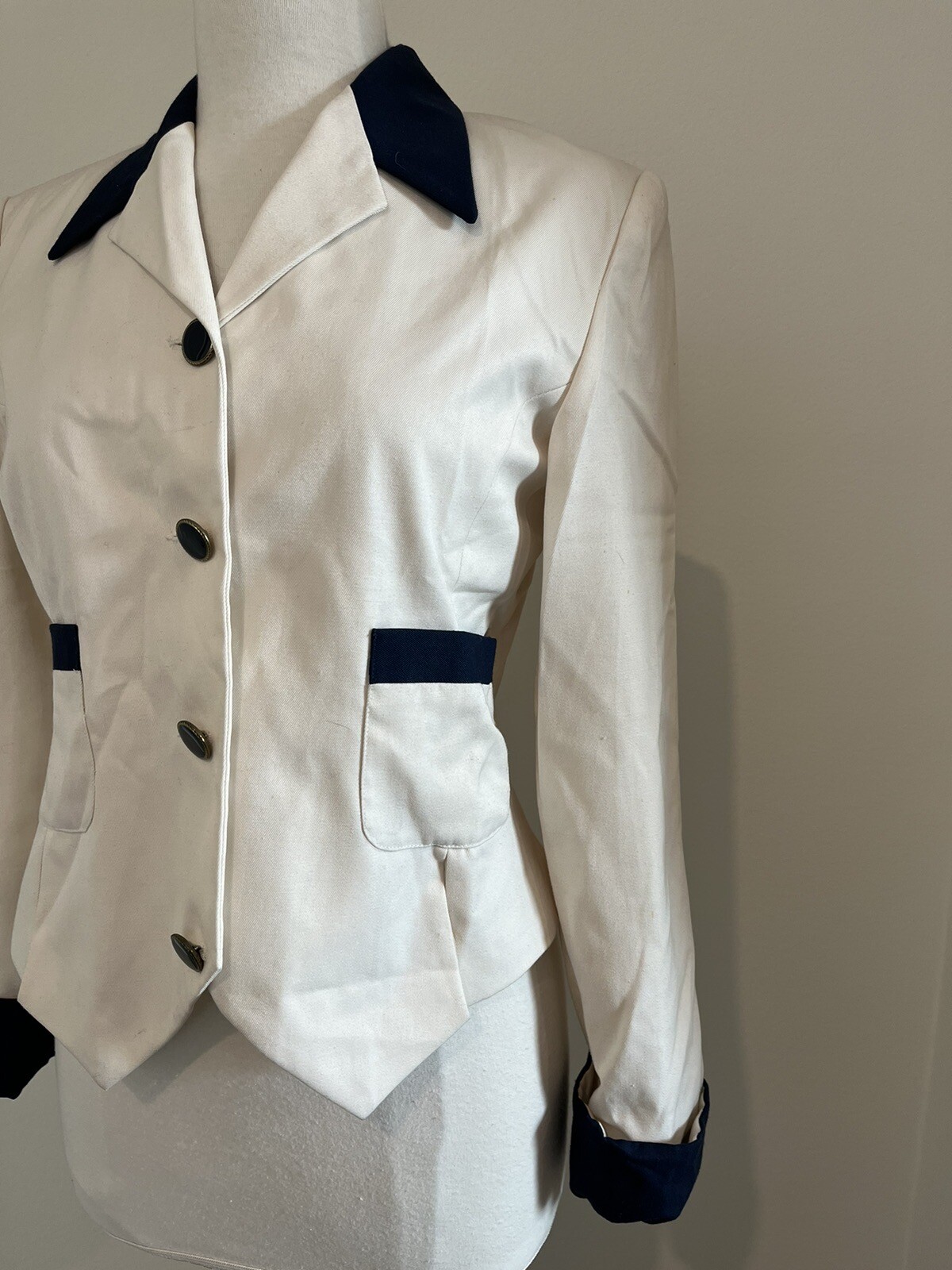 Halston Blazer Women’s 6 Ivory Navy Trim Vtg Nautical Preppy Mod Tailored Jacket