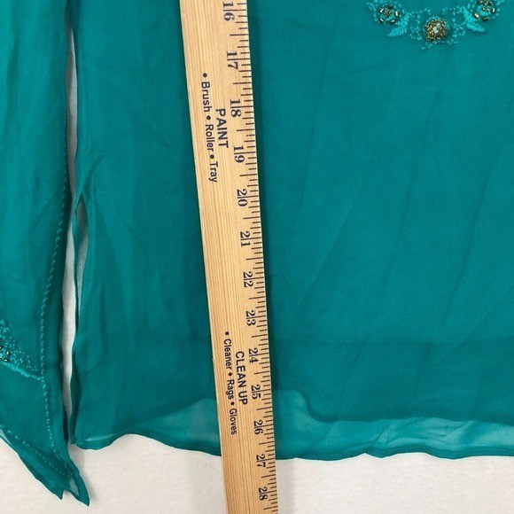 Vintage Silk Land Size Small Teal Embroidered Beaded Flare Sleeve Fairy Blouse