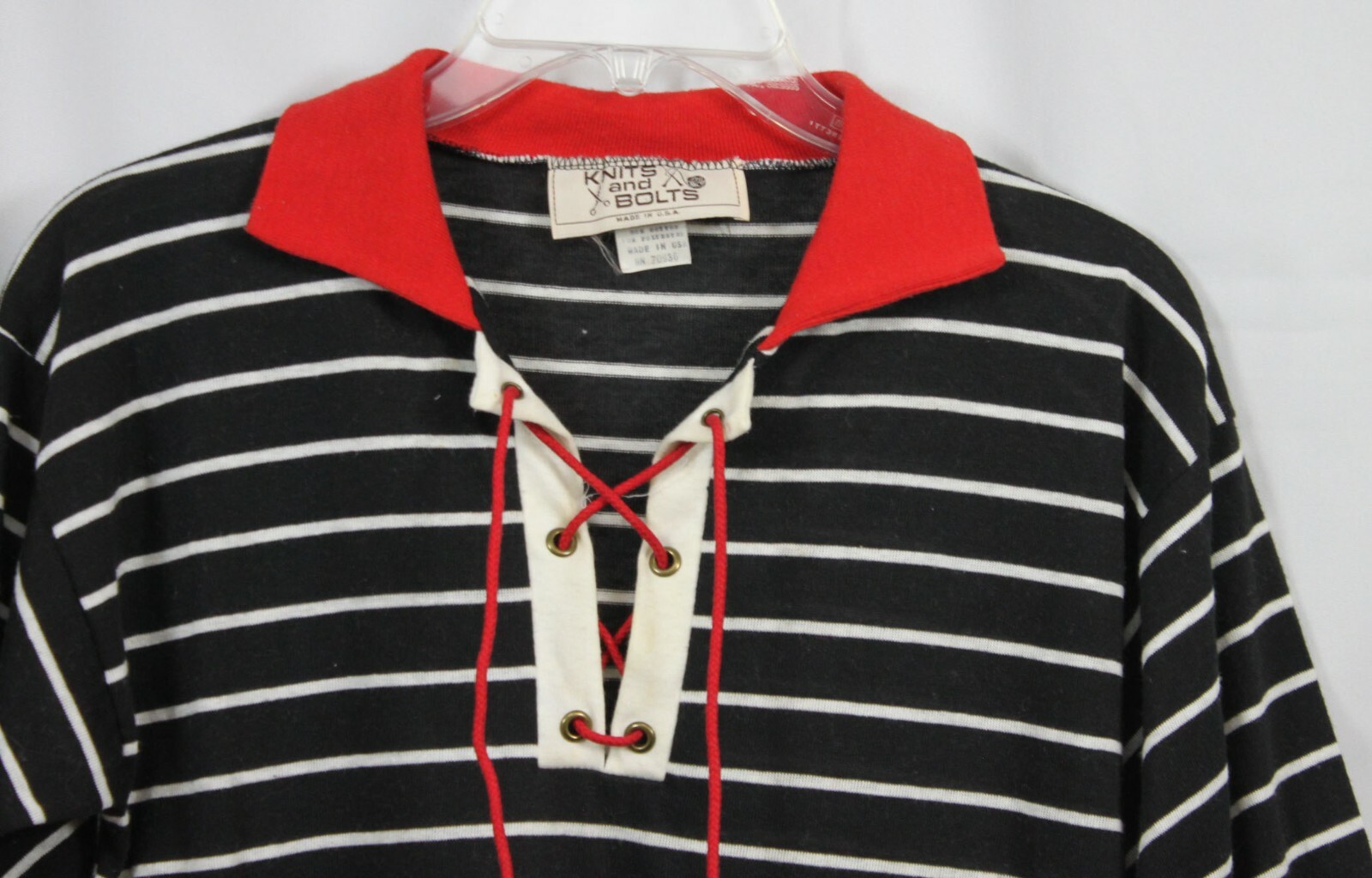 Vtg Knits and Bolts Polo Shirt Top Tie Neck Grommets Stripes 70s 80s Retro Mod M