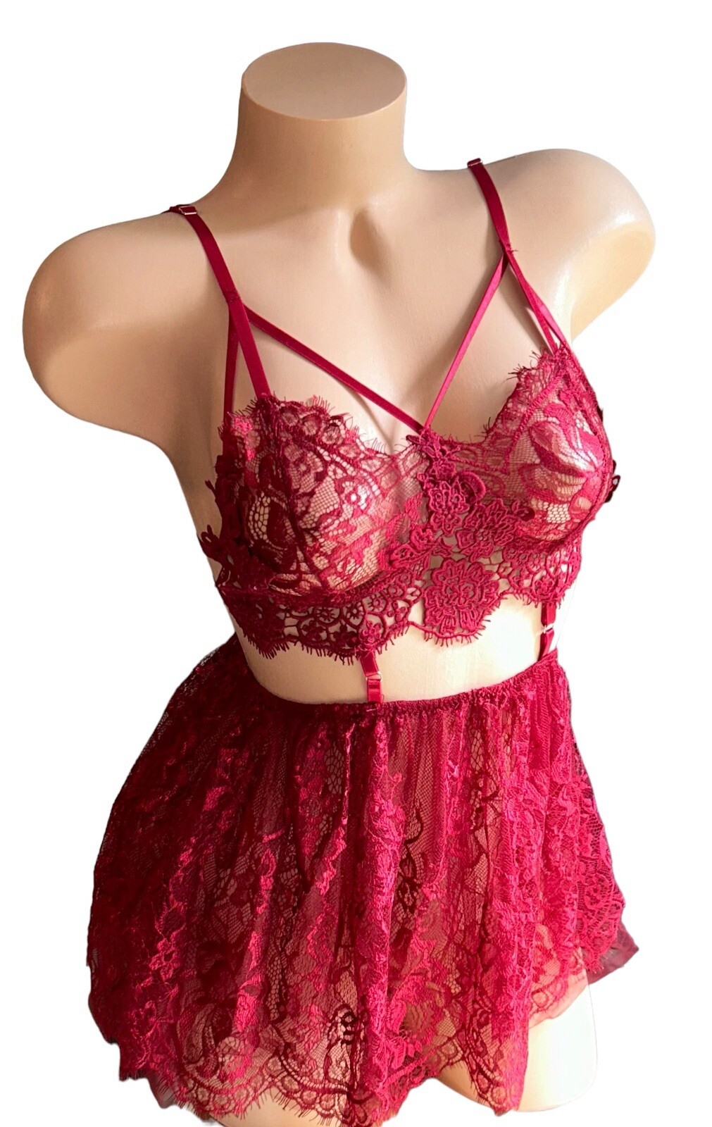 Avidlove Maroon Shiny Silky Lace Sheer Romper Nightie Women’s S NOS