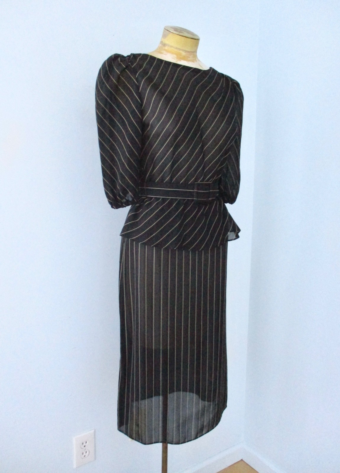 Vtg 70s 80s Black Pinstripe Semi Sheer 2-Pc Secretary Skirt Peplum Top Suit 5