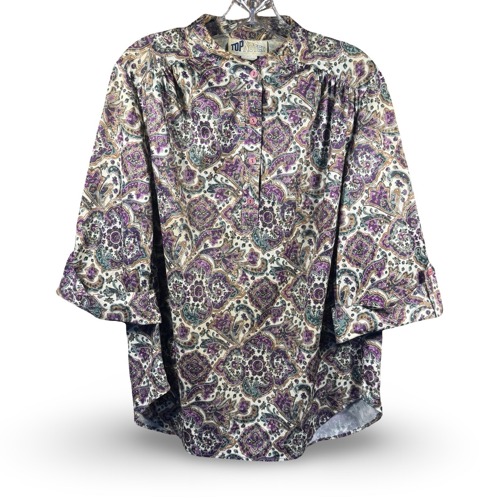 VTG Top Notch Plus Size Blouse Paisley Shirt 18W L XL Purple Green Gold