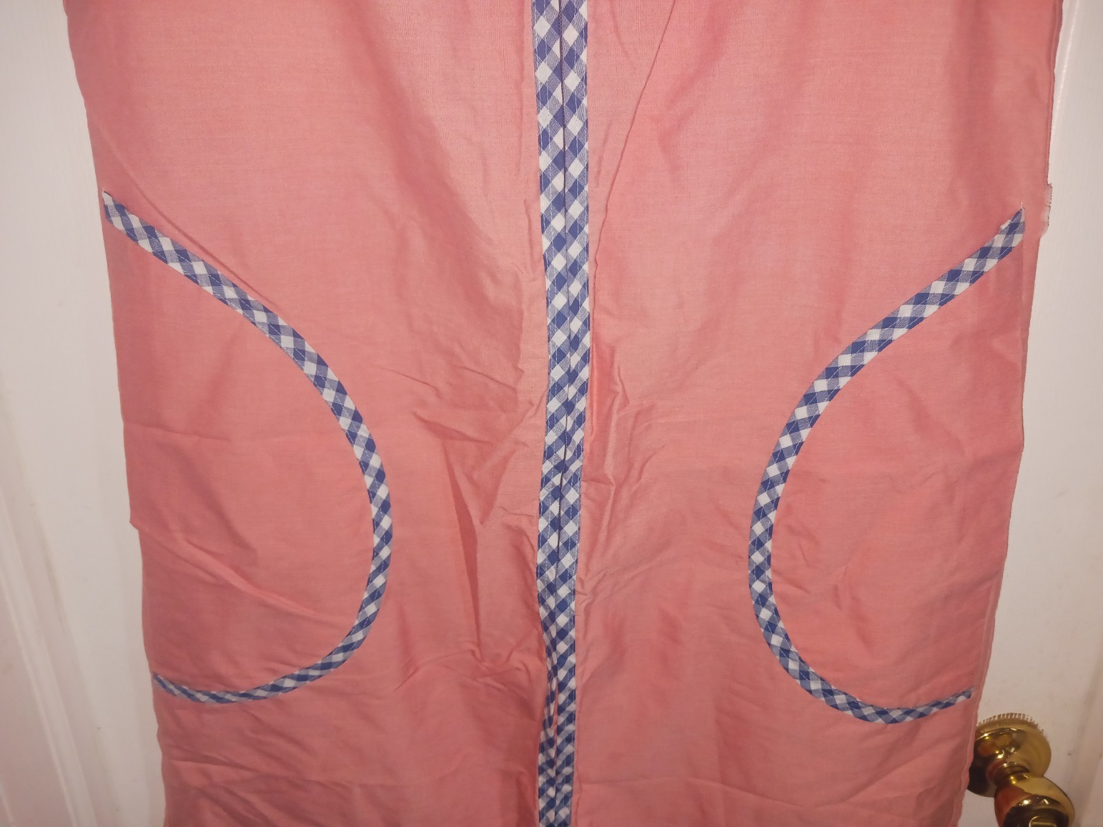 VTG 60s/70s Komar Zippered House Dress Sleeveless M Peach/Blue Gingham Trim