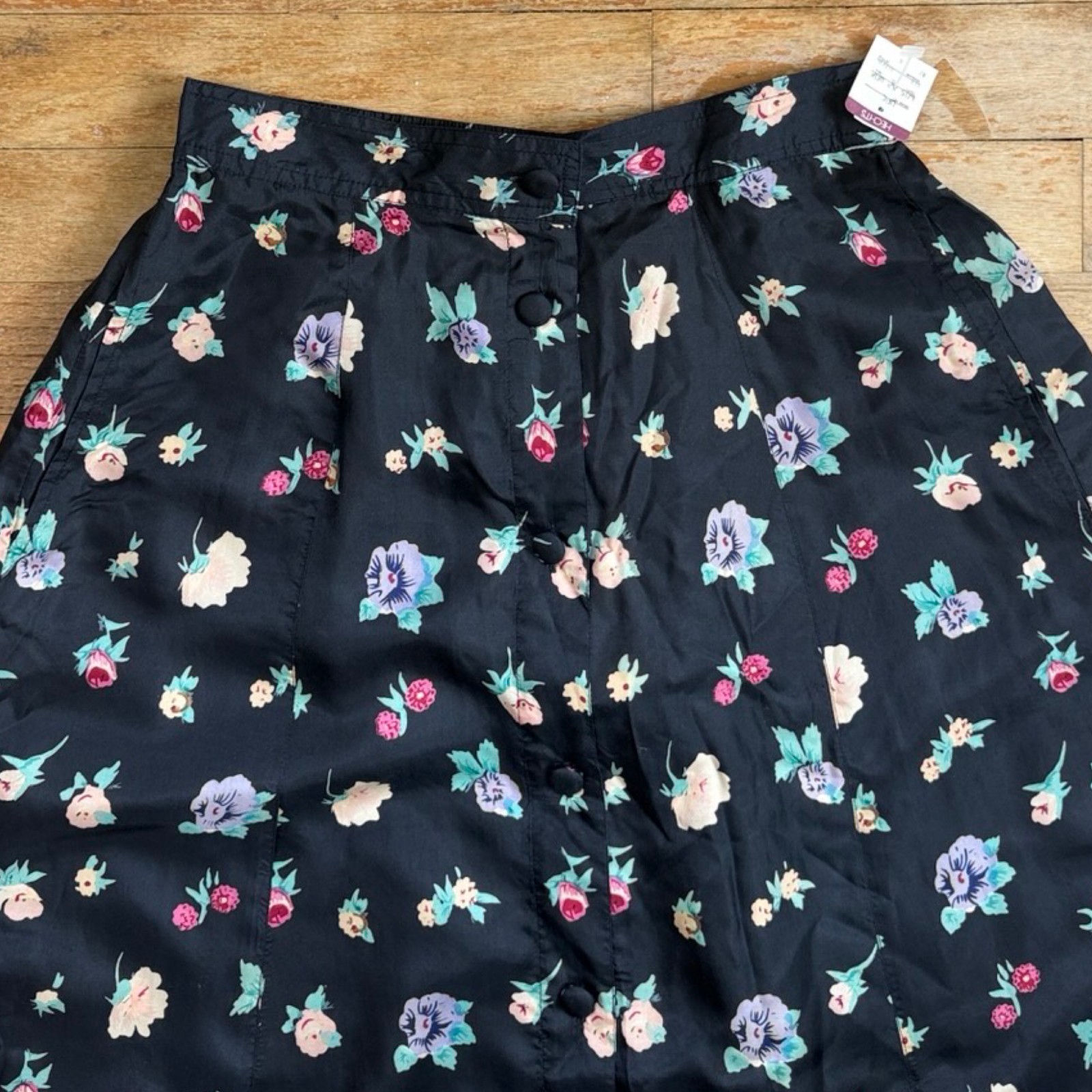 Vintage 100% Silk Floral Skirt Top Set Size Small Black Two Piece Midi Outfit