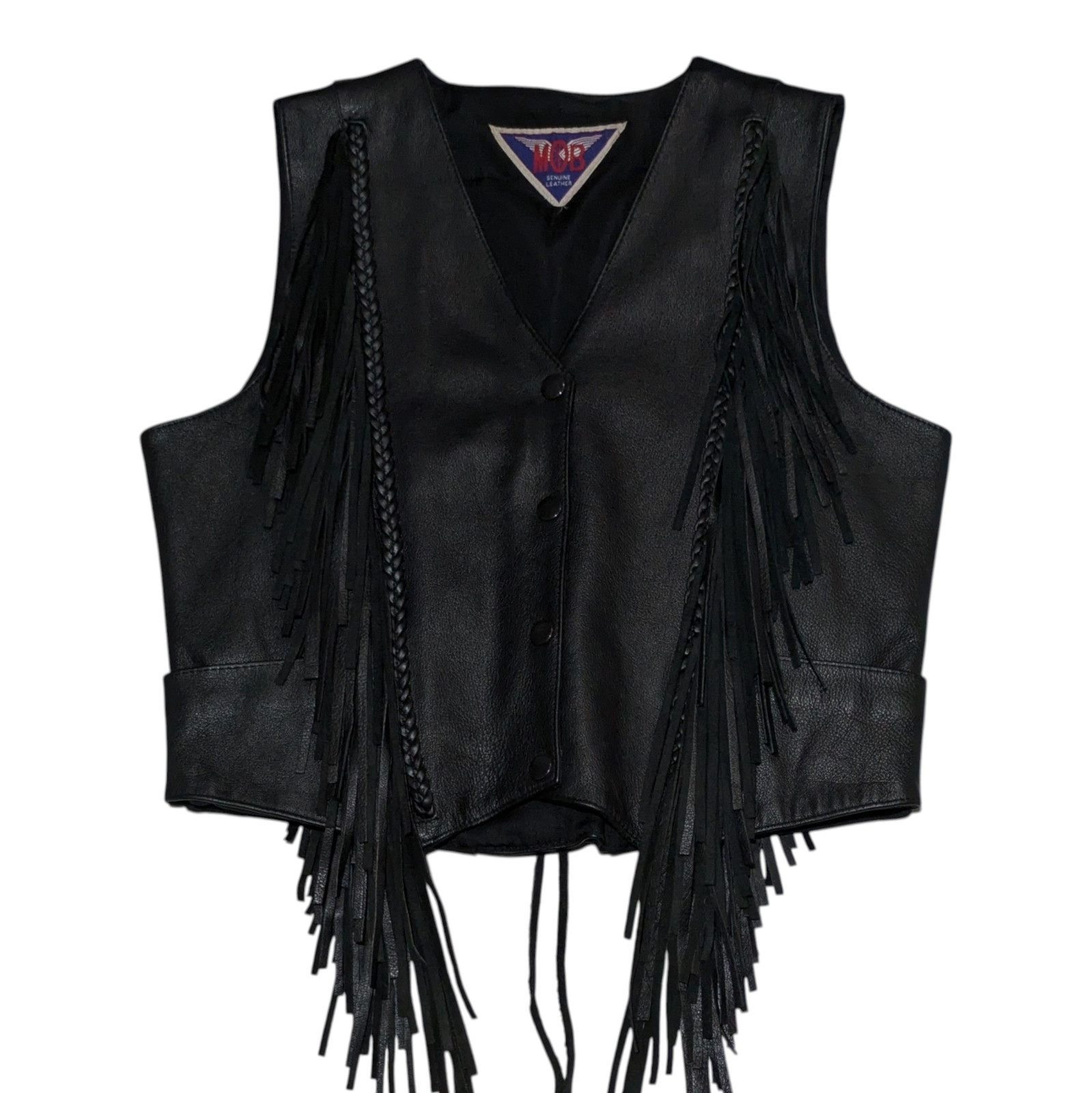 VTG Black Leather Fringe Vest Womens S Red Cross Lace Up Biker Baddie Edgy EUC