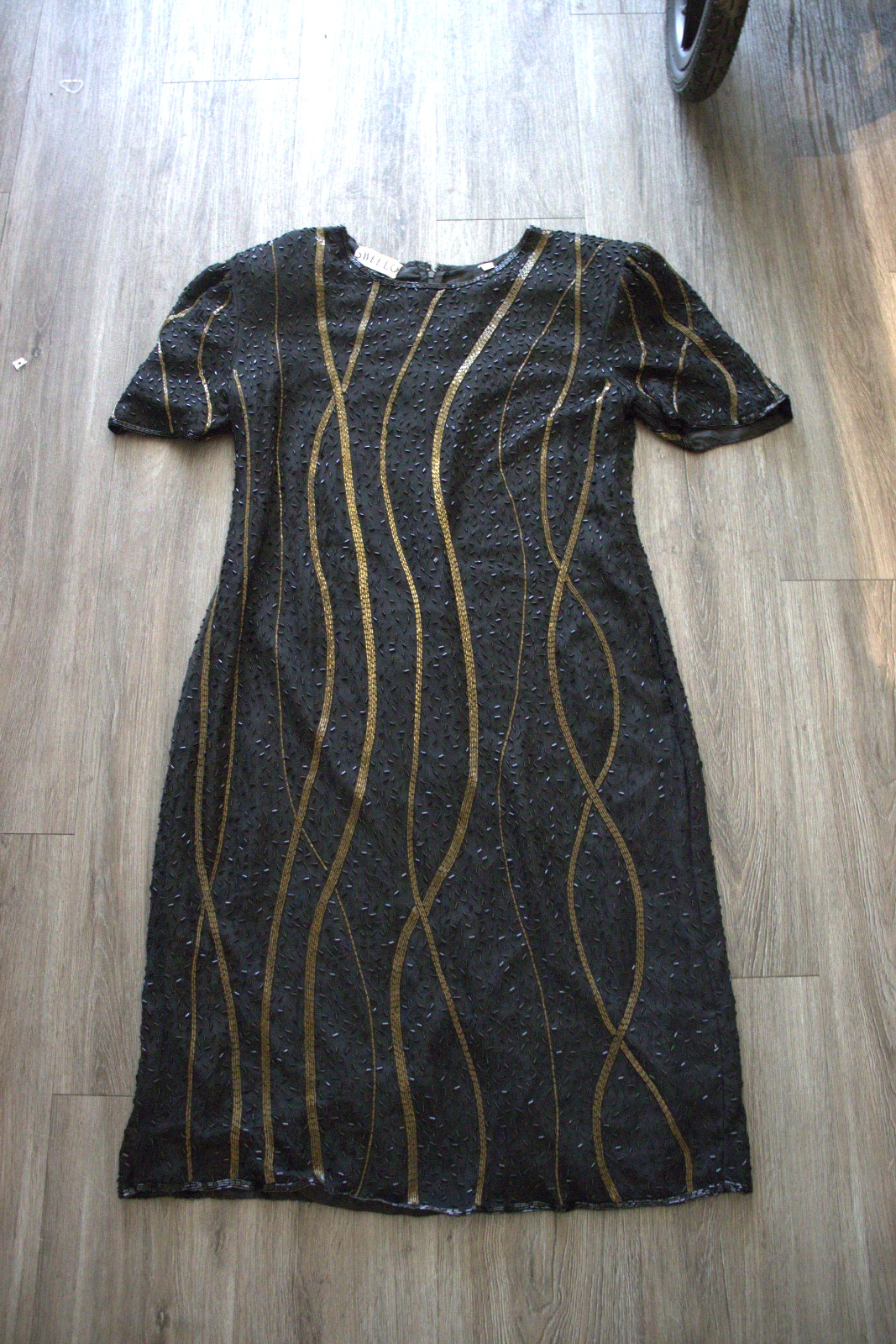 Vintage Sweelo Black Gold Silk Beaded Cocktail Holiday Party Shift Dress 10-12 L