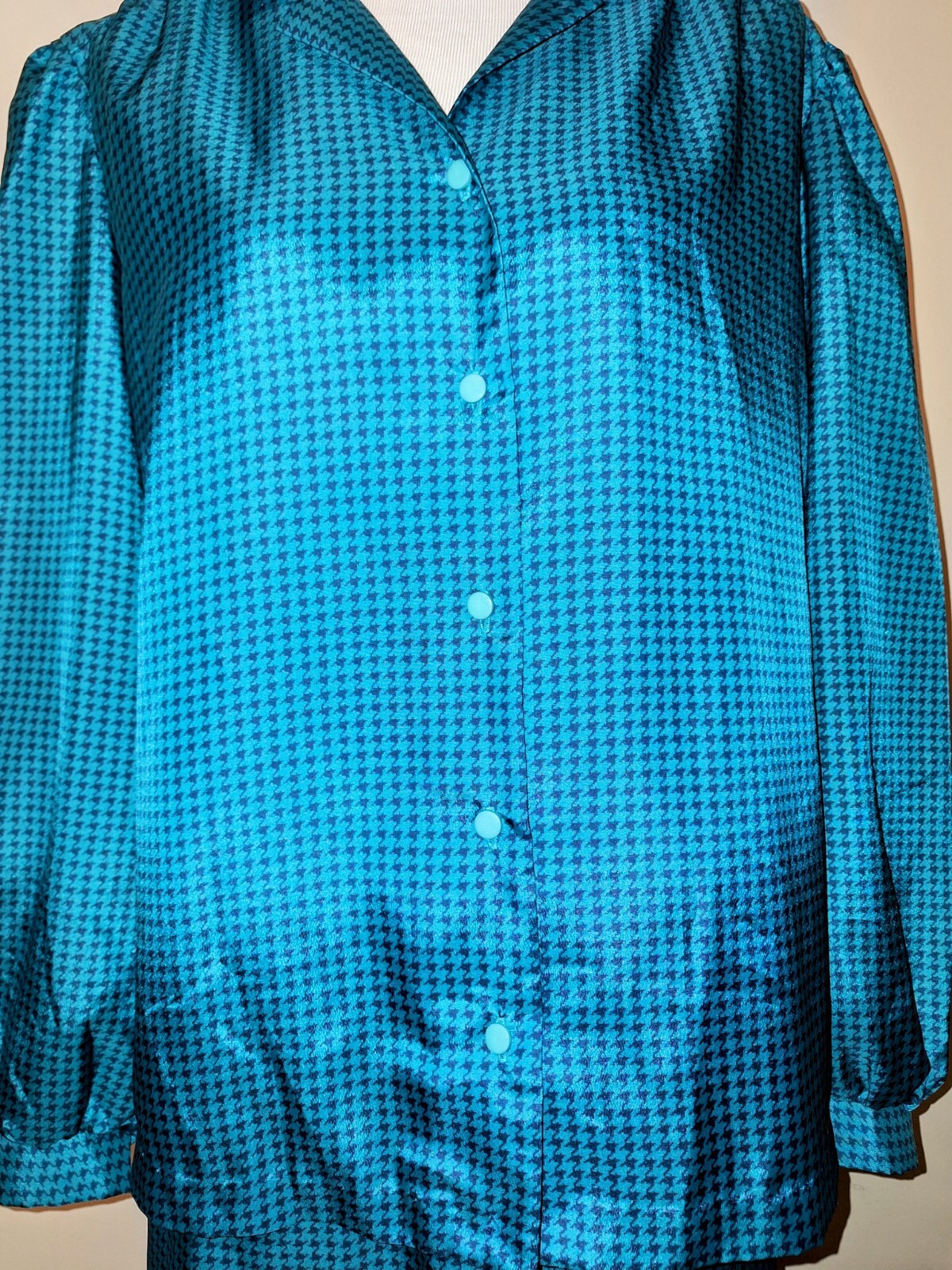 Vintage Dutchmaid Teal/Black Houndstooth 2-Piece Collared V-Neck Sz 40 Skirt Set