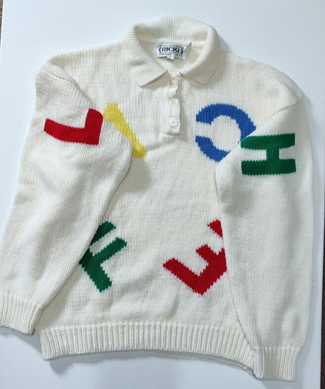 Vtg Ricki Sweater ABC Schoolhouse Acrylic Alphabet Button Collar Korea Large