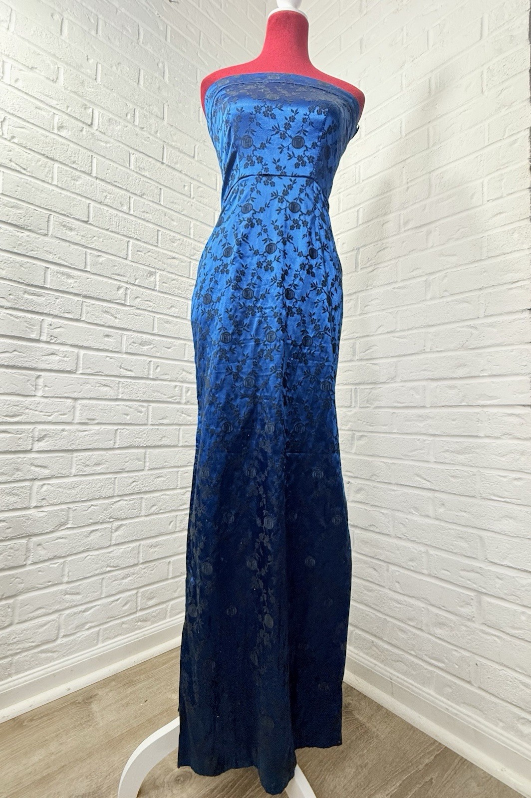Vintage 90s L.A. Glo S Blue Black Floral Brocade Strapless Maxi Dress USA