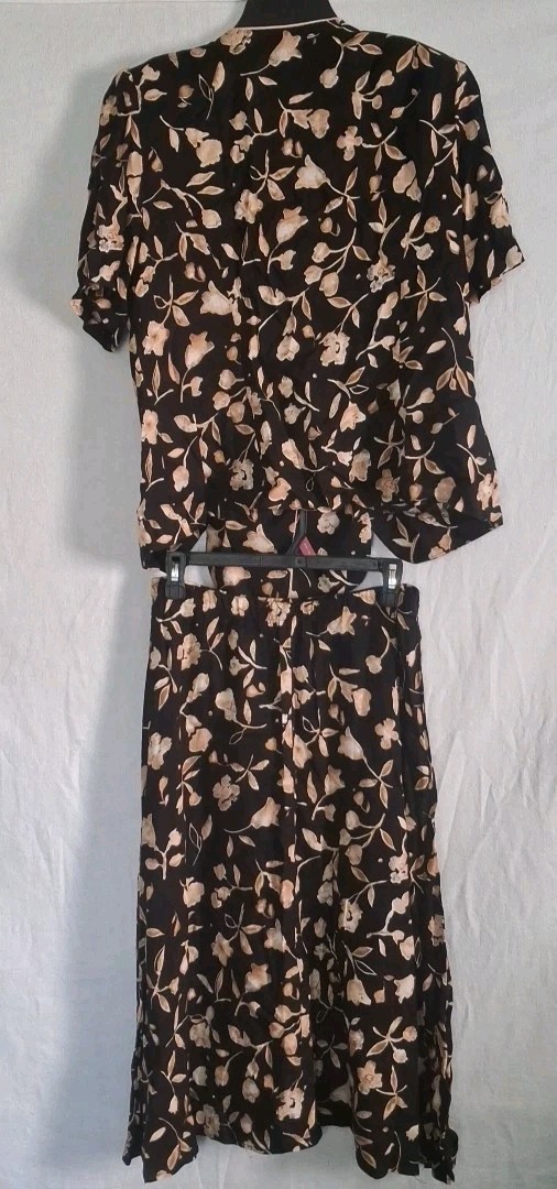 VTG Whirlaway Frocks Rayon Skirt Set Floral Black Tan Made in USA Size 16WP