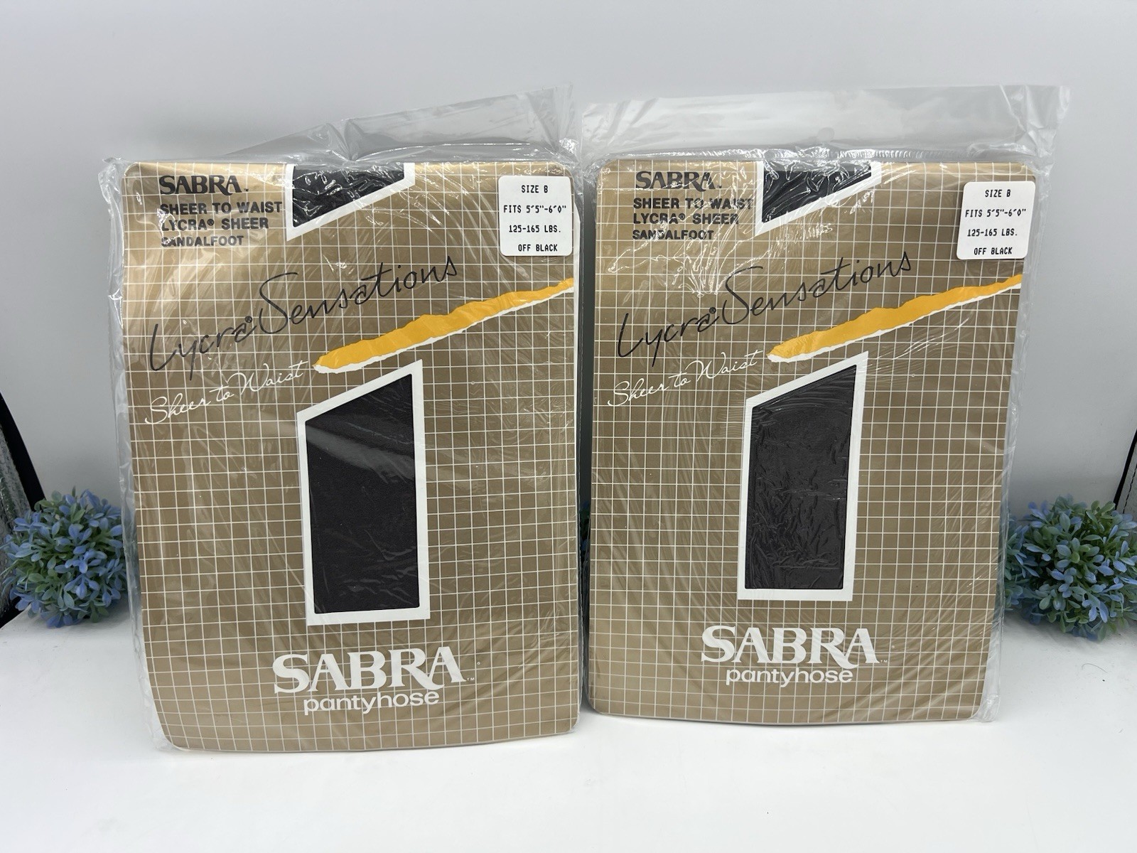 2Vtg Sabra Lycra Sensation Sheer To Waist Pantyhose Off Black Size B 125-165 Lbs