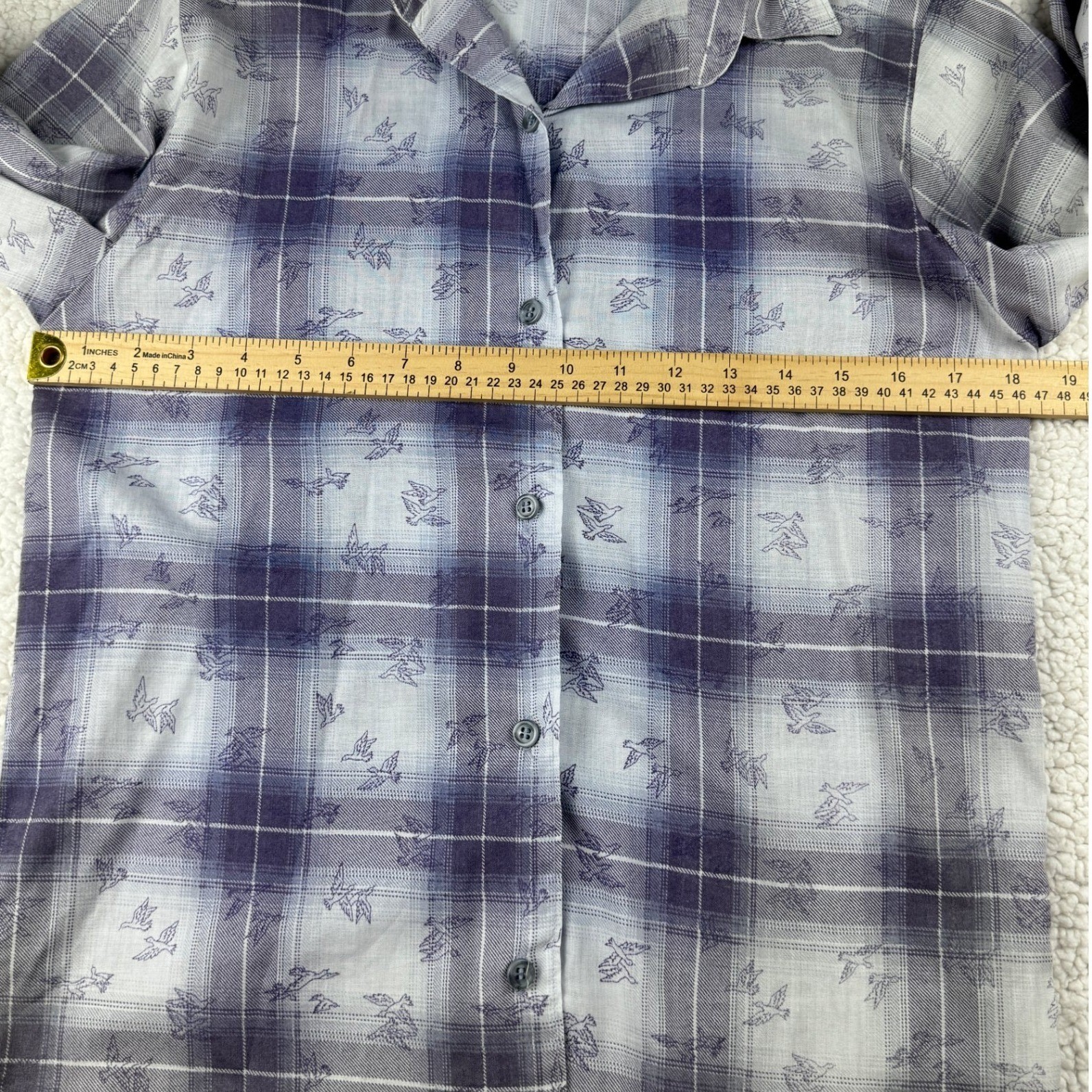 Vintage White Stag Plaid Bird Print Button Down Shirt Blue Grey USA Made Large