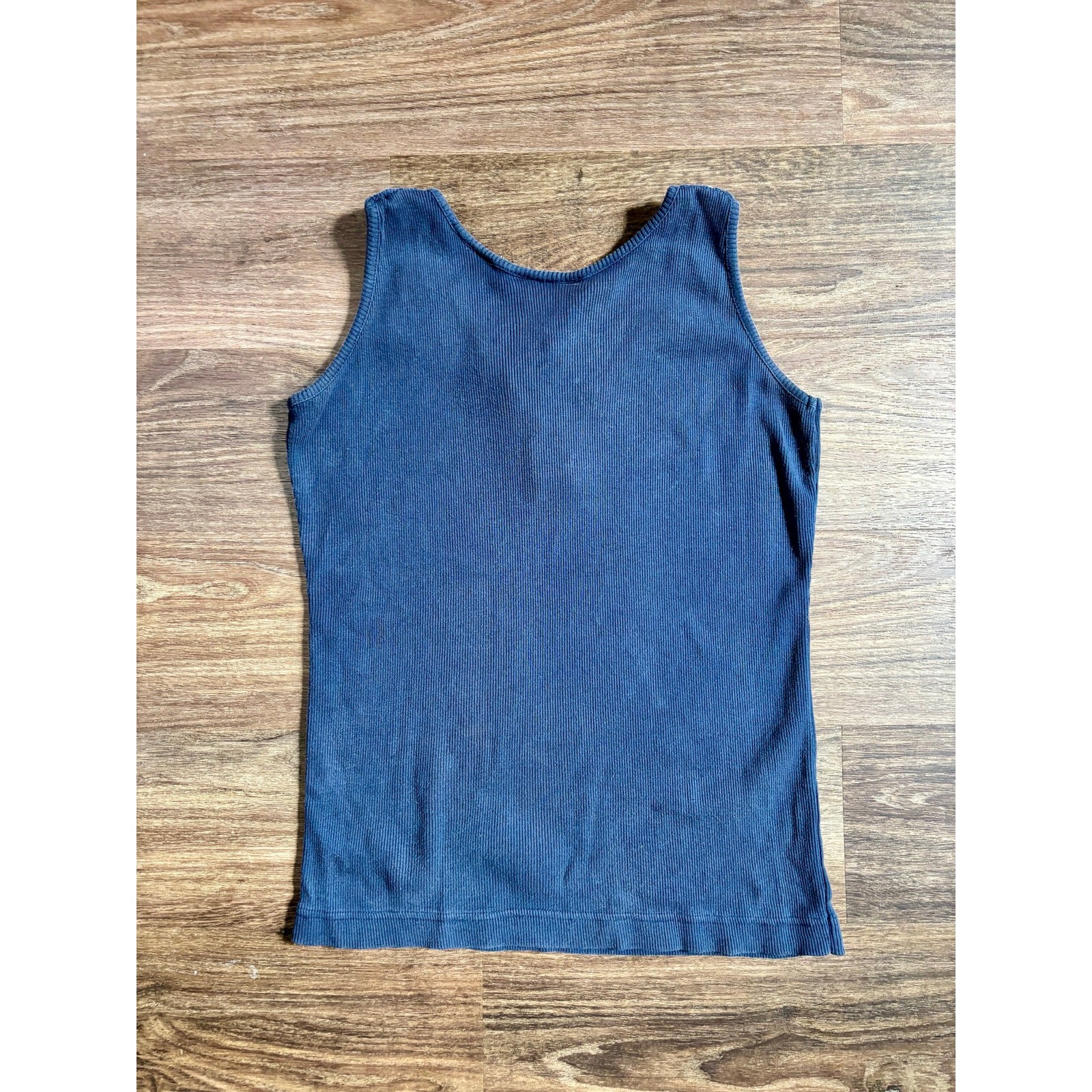 Vintage 1990s Together! Navy Blue Tank Top Floral Embroidery Cotton Medium