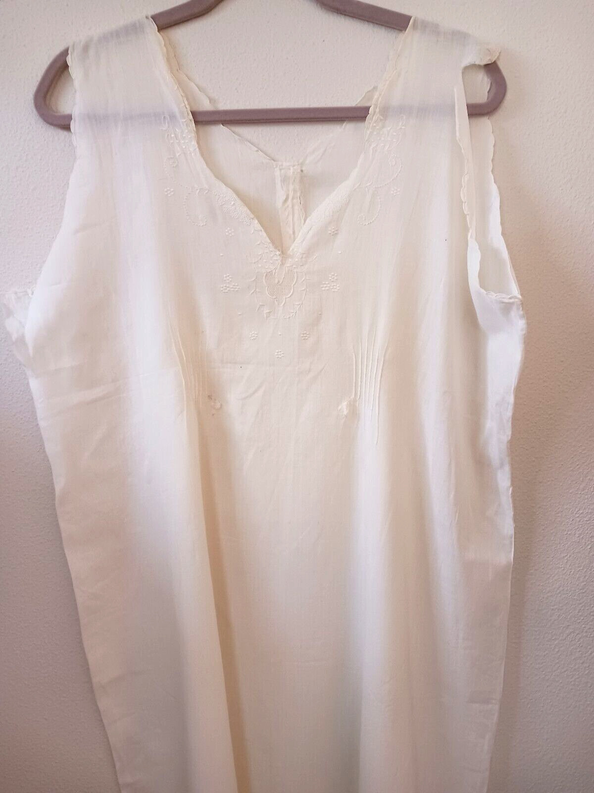 Antique Edwardian Long White Cotton Shift or Under Dress 44″ Embroidered FLAWS