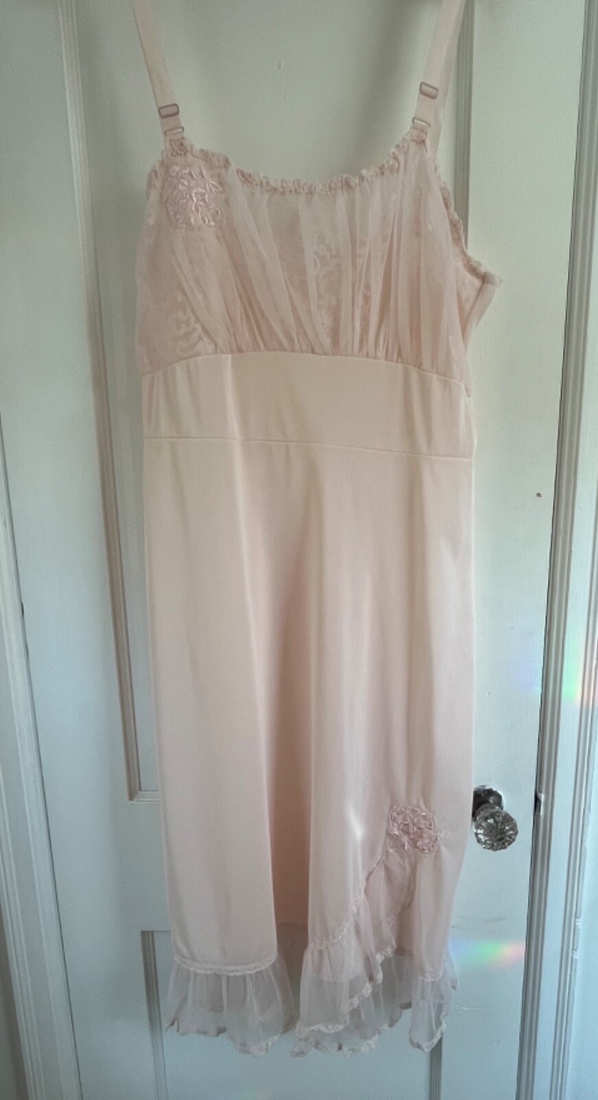 MEDIUM Vintage Carillon Nylon Sheer Baby Pink Long Lingerie Slip Nightgown Dress