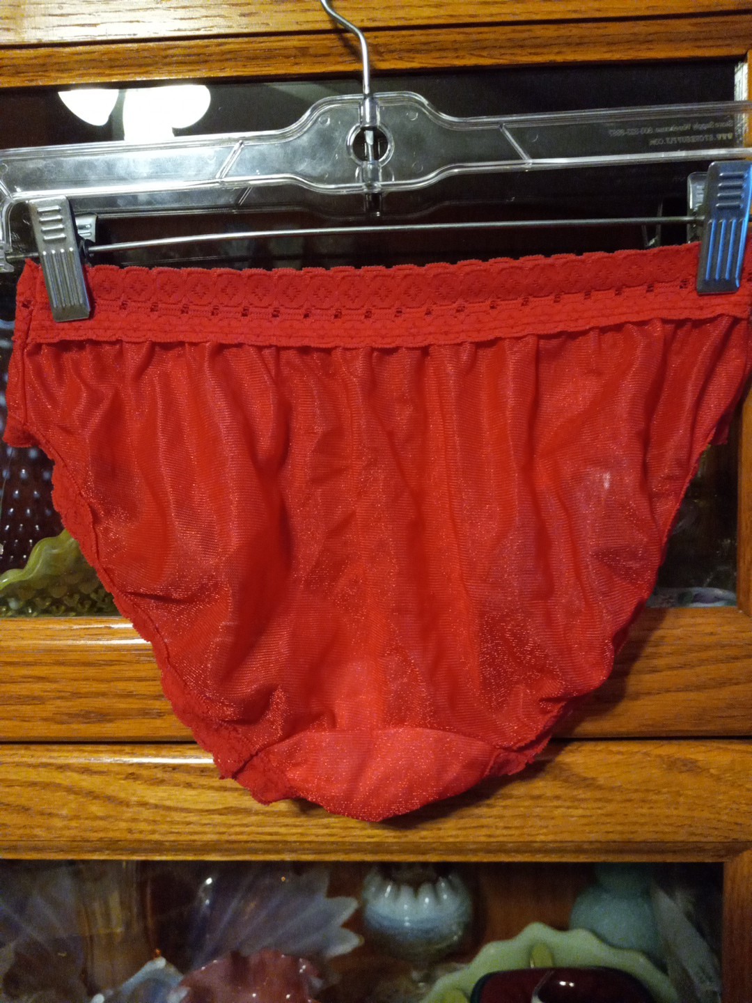 Vintage Kiki NOS Panties Red Sparkle Nylon Panty Bikini Shiny 7 13-17 Lace Top
