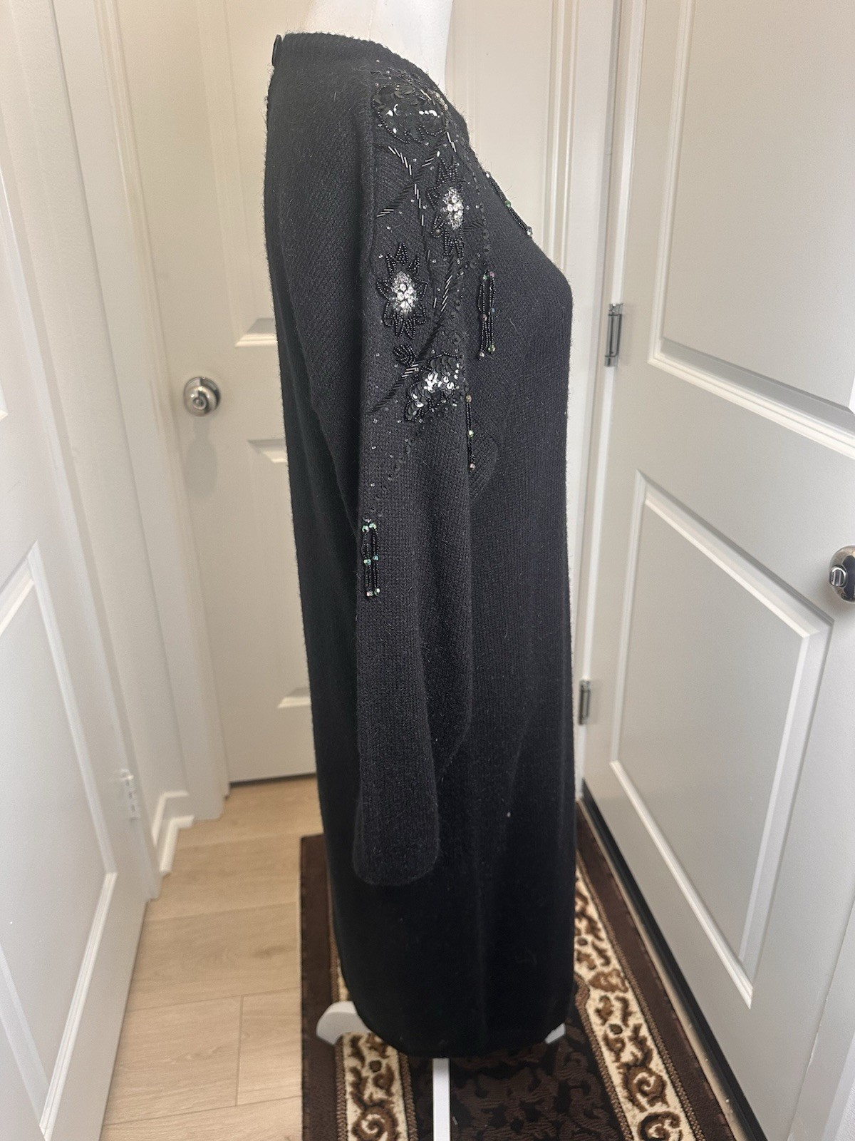 Vintage Belldini Black Beaded Sweater Dress Angora Blend Rhinestone Size L