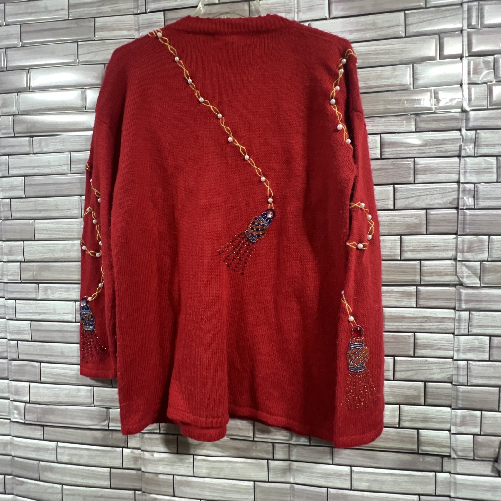 VTG Western Connection womens S tunic Sweater Red pearls beaded v neck 80s Retro