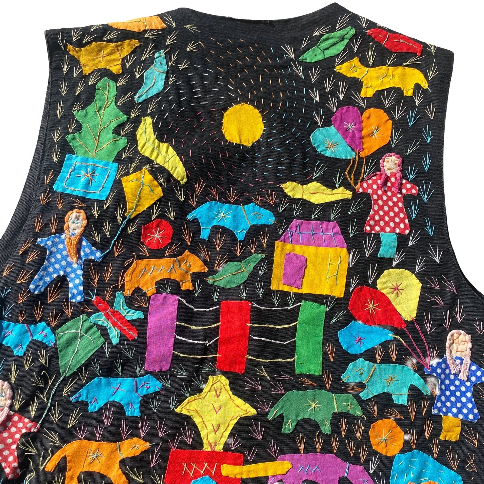 Rare VTG Hand Patched Vest Sz M Multicolor Cotton Animal Motif Novelty Ethnic