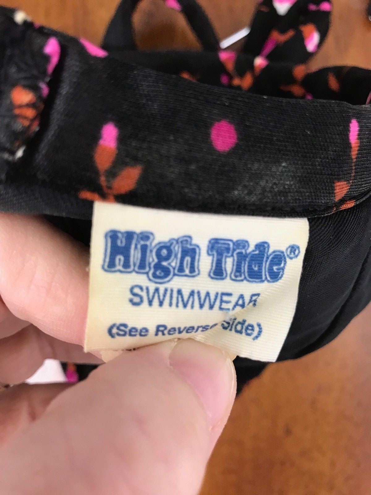 Vintage 1970s Pinup Bikini Top by High Tide size 11/12 Black Pink Floral Print