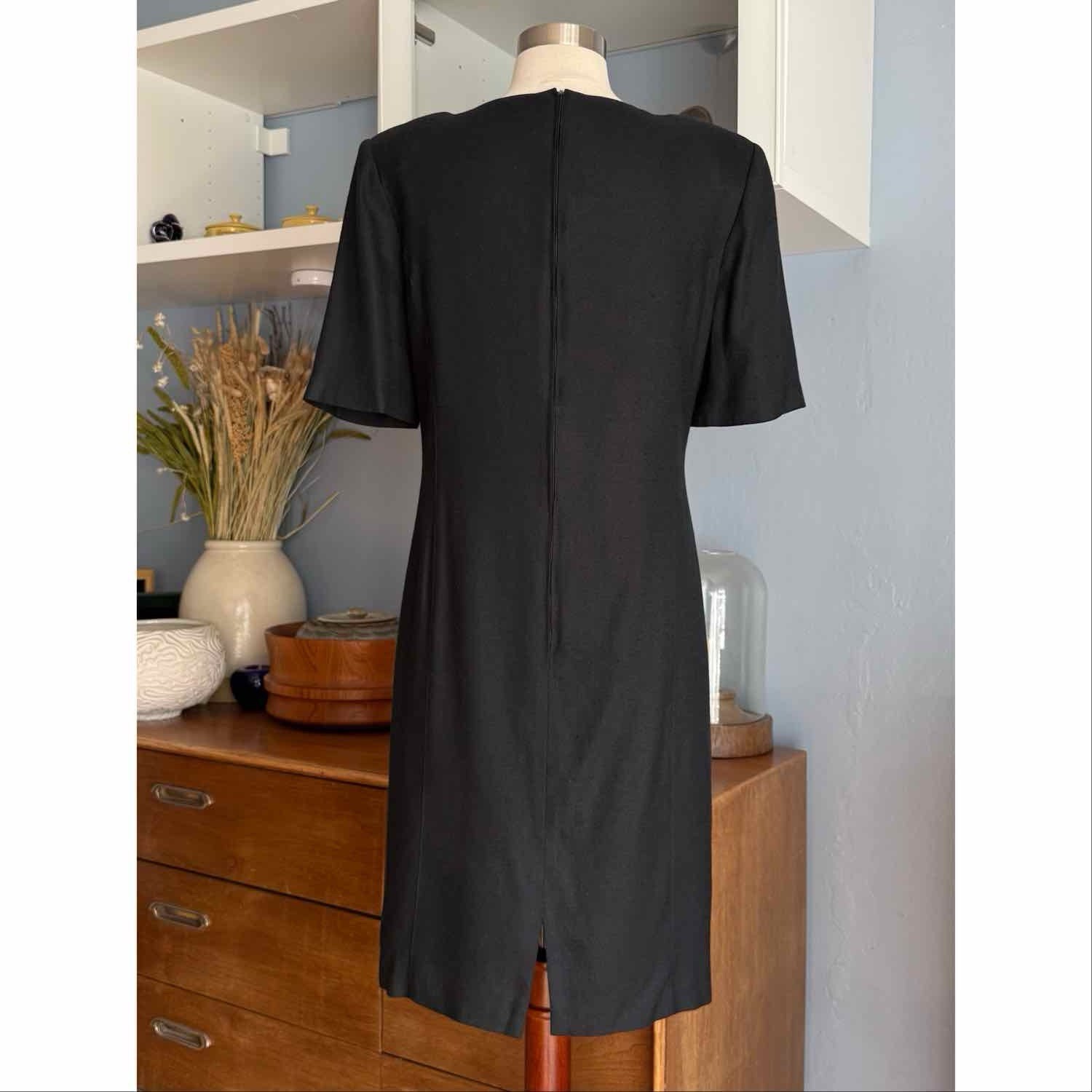 Vtg Louis Feraud Black w/ Gold Buttons Sheath Dress Woven Viscose Sz 12 Military