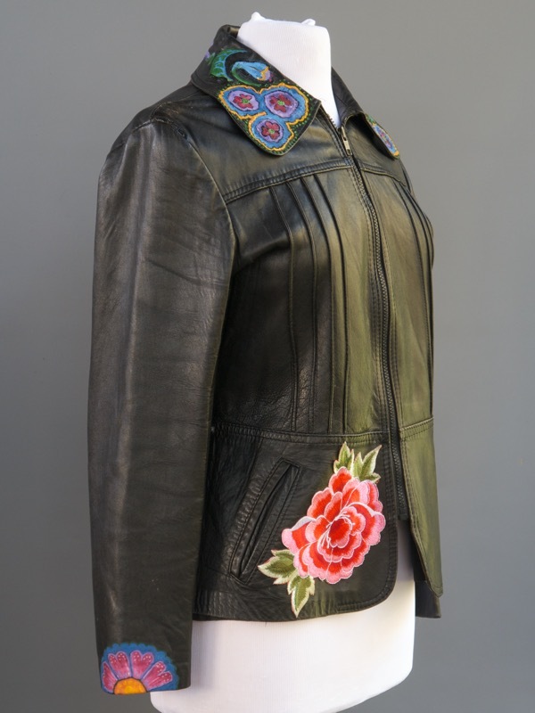VTG Black Leather Jacket Mexican Day Of The Dead Applique Hand Painted S M