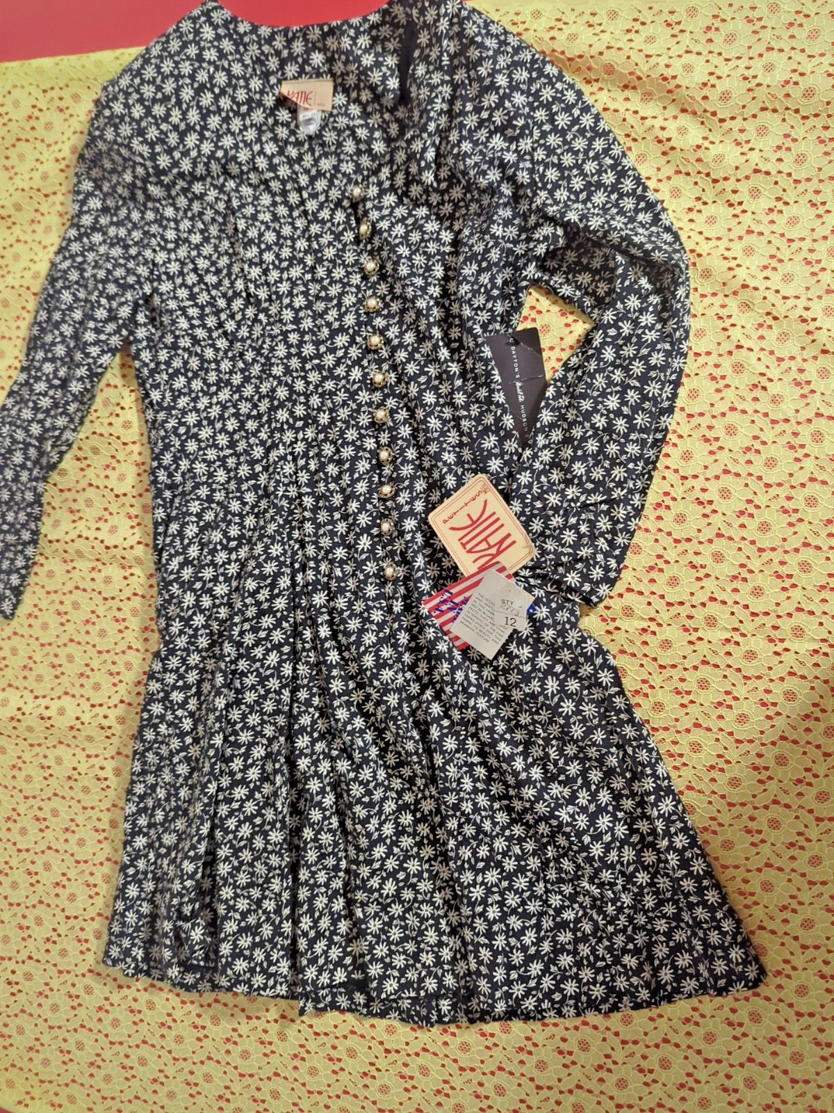 KATIE MFG Floral LSleeve Vintage 80s Dress Size 12 Made In USA Union Made NOS