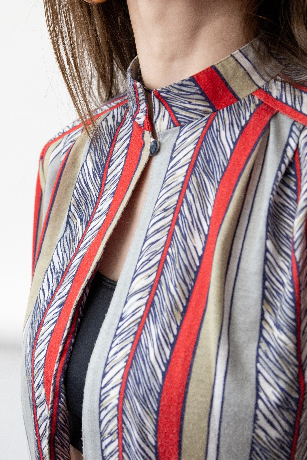 Vintage 70s Striped Blouse Red Navy Bishop Sleeve Folk Prairie Boho Womens M
