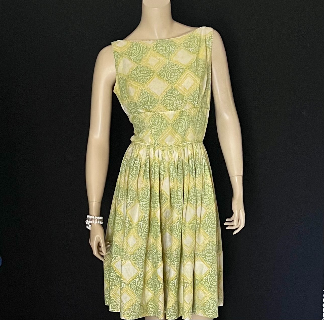 Darling 1950s Cotton Summer Frock, Yellow & Green Print, Petite, Small, VLV
