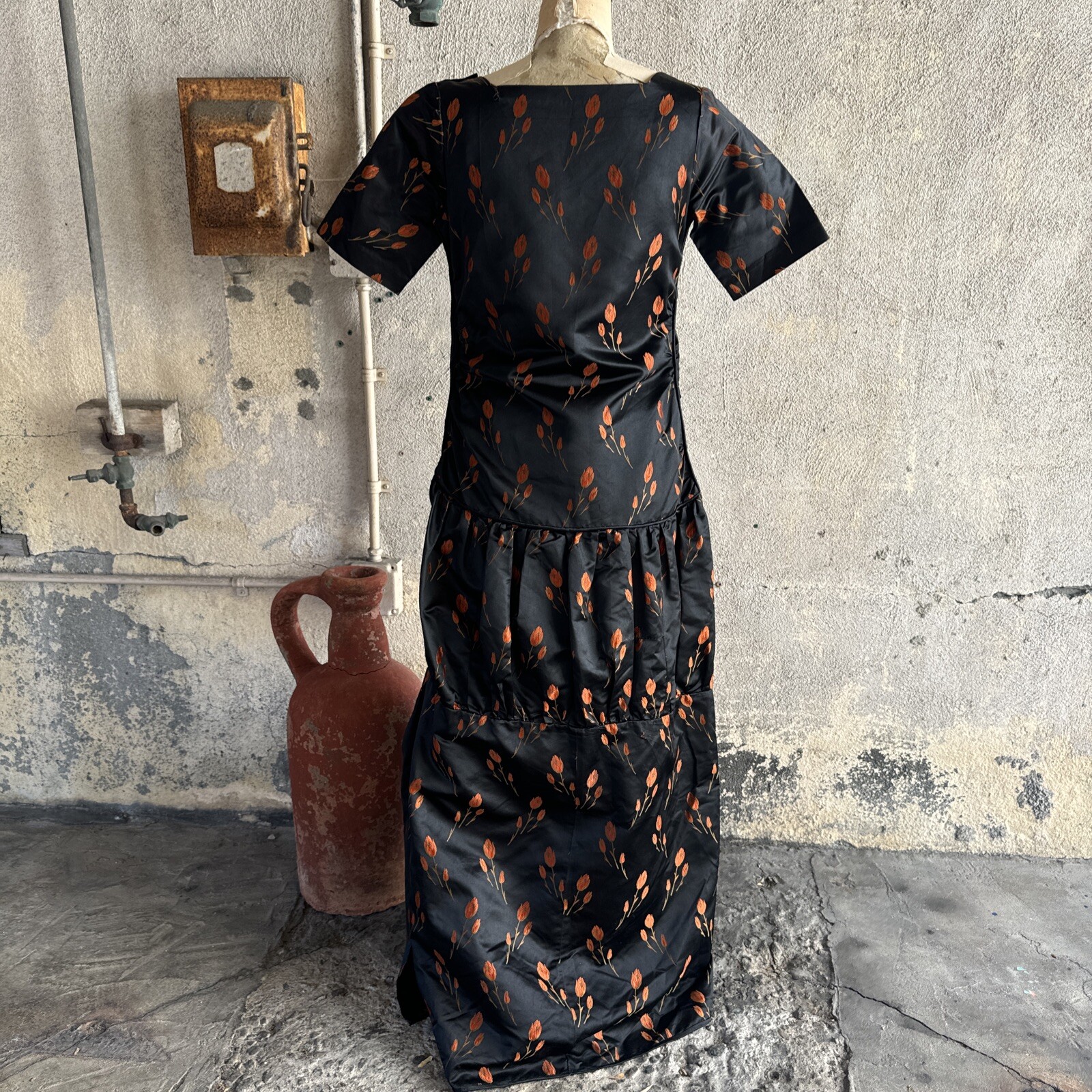 Antique 1920s Orange Tulip Silk Brocade Dress 1890s Fabric Full Length Vintage