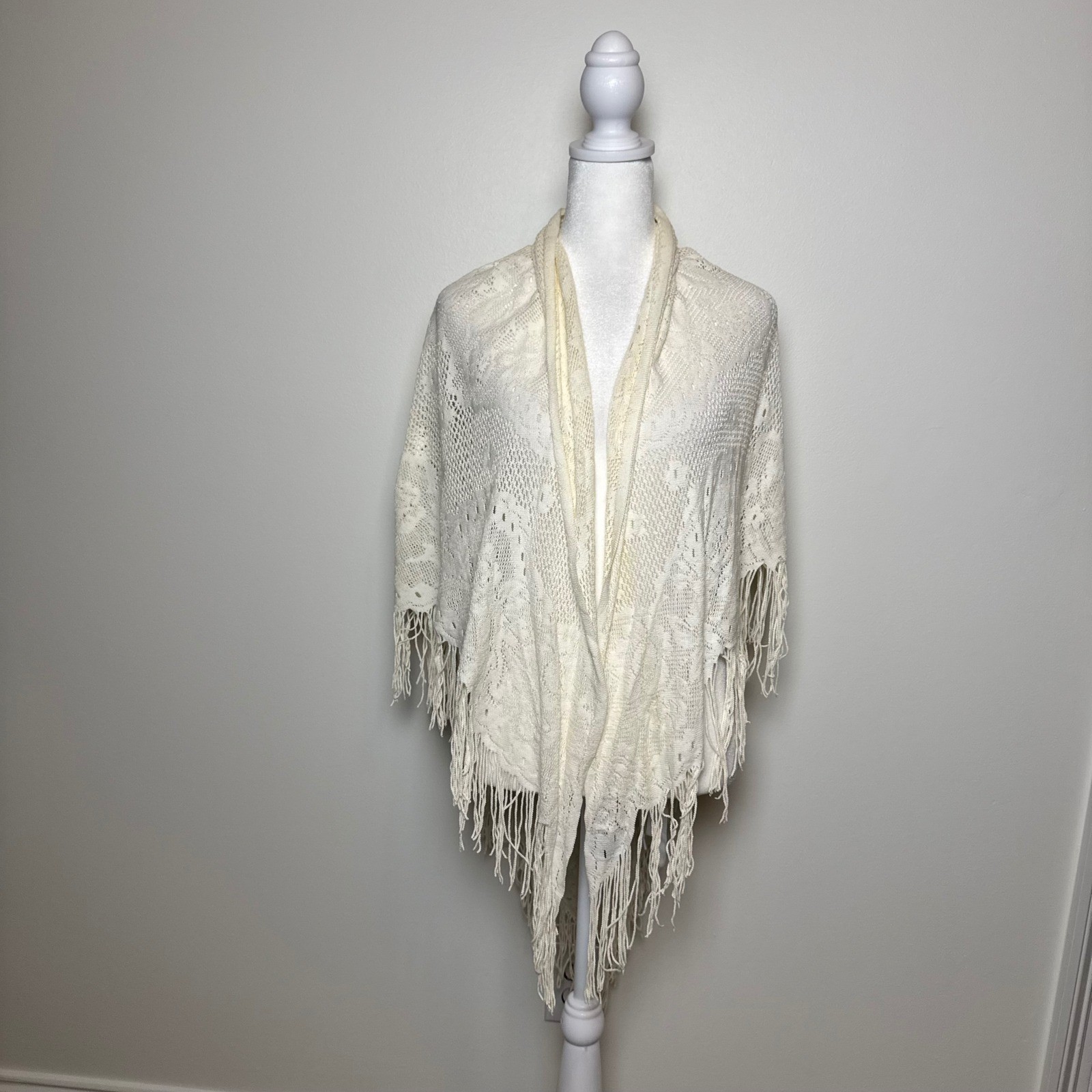 Vintage Cream Fringe Shawl Wrap Tapestry Sheer Boho Festival OS Ethereal Fairy