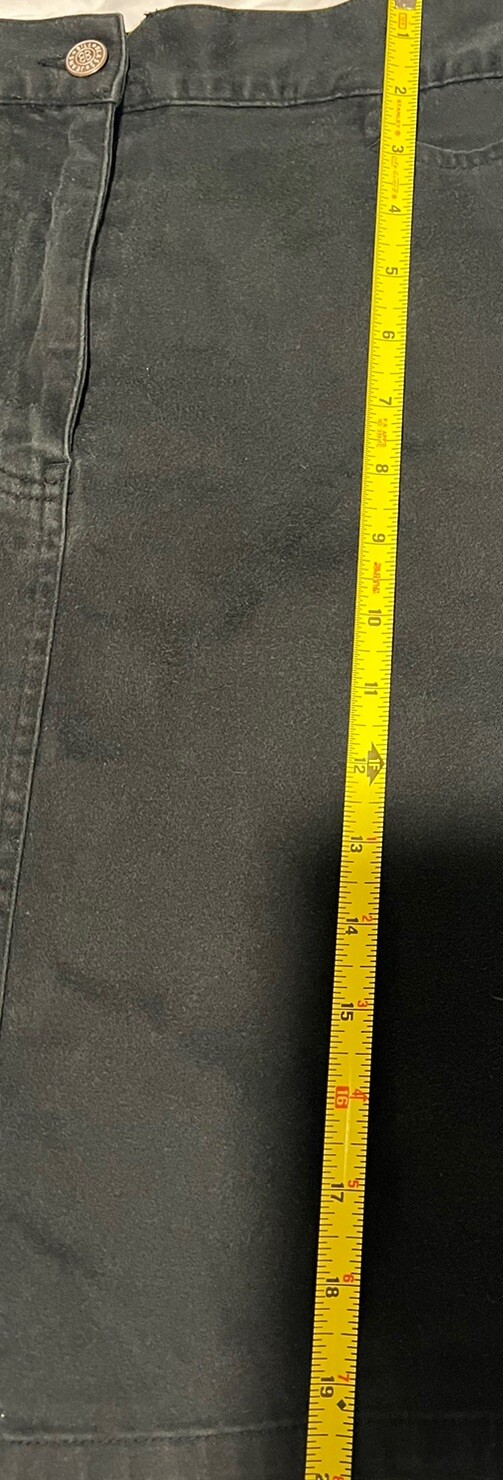 Vintage 90s Black Jean Skirt Bill Blass Stretch High Waist Knee Length Zipper