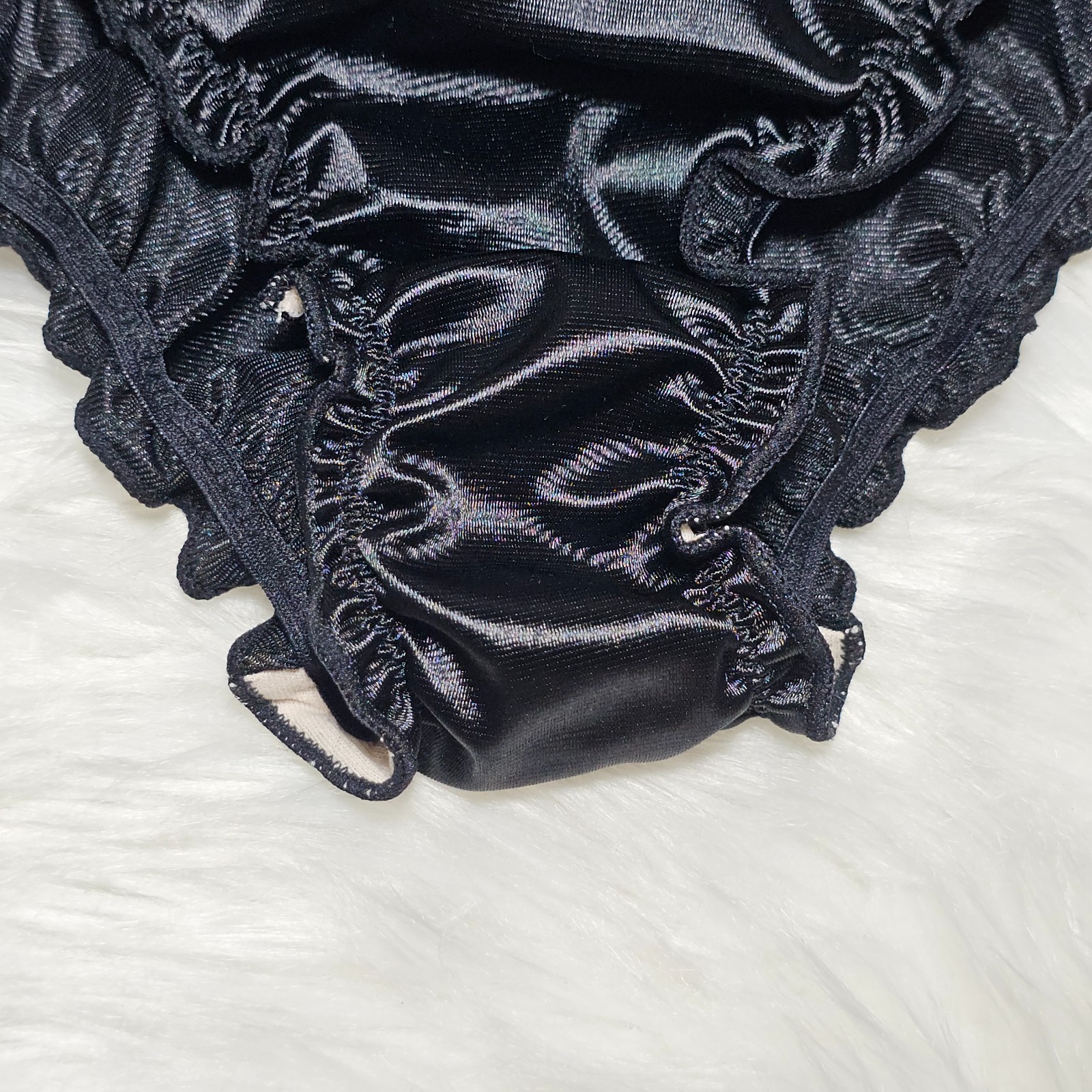 Glossy Nylon Satin Panty Liquid Black Bikini Sissy Ruffle Brief Sz. 8 Hip 40-44″