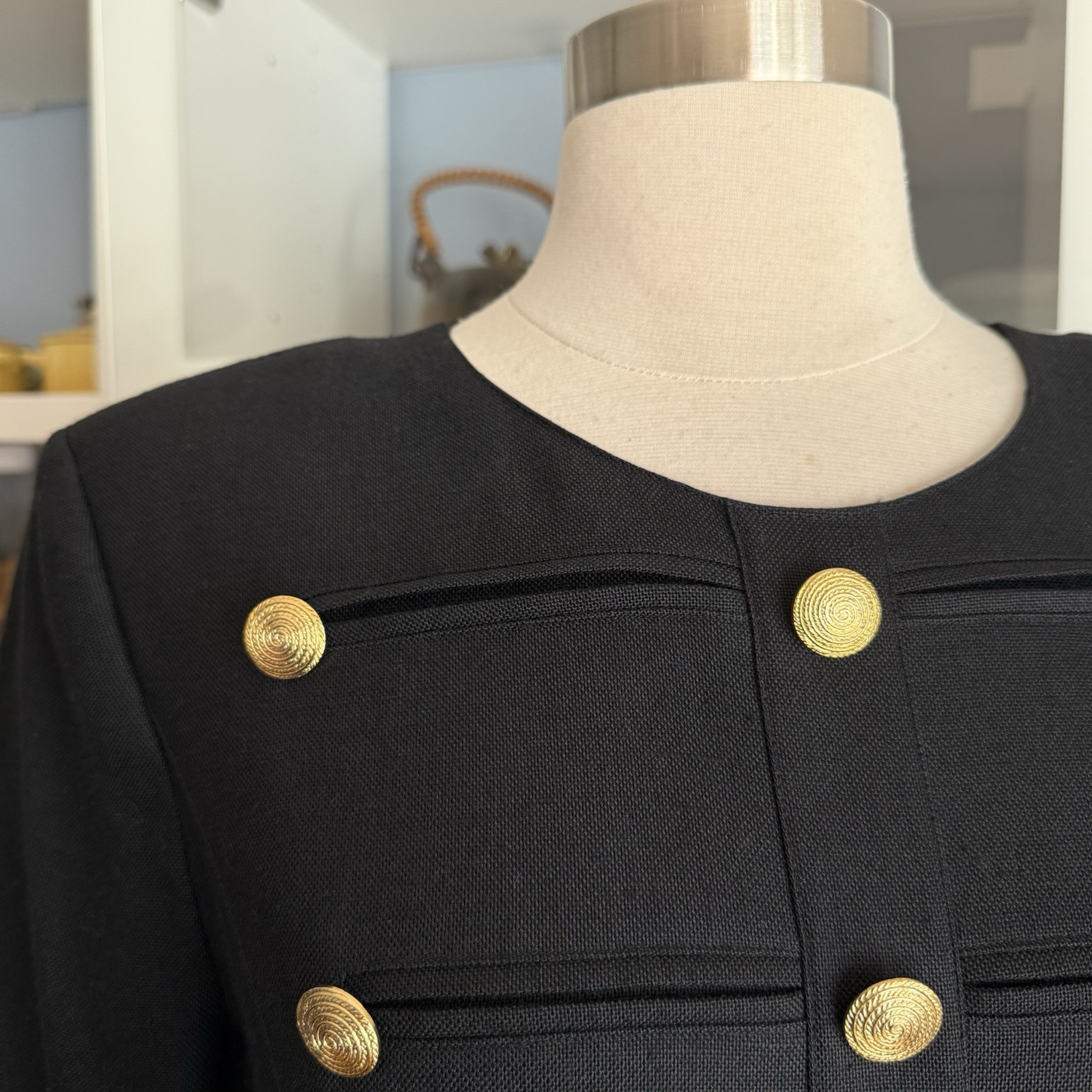 Vtg Louis Feraud Black w/ Gold Buttons Sheath Dress Woven Viscose Sz 12 Military